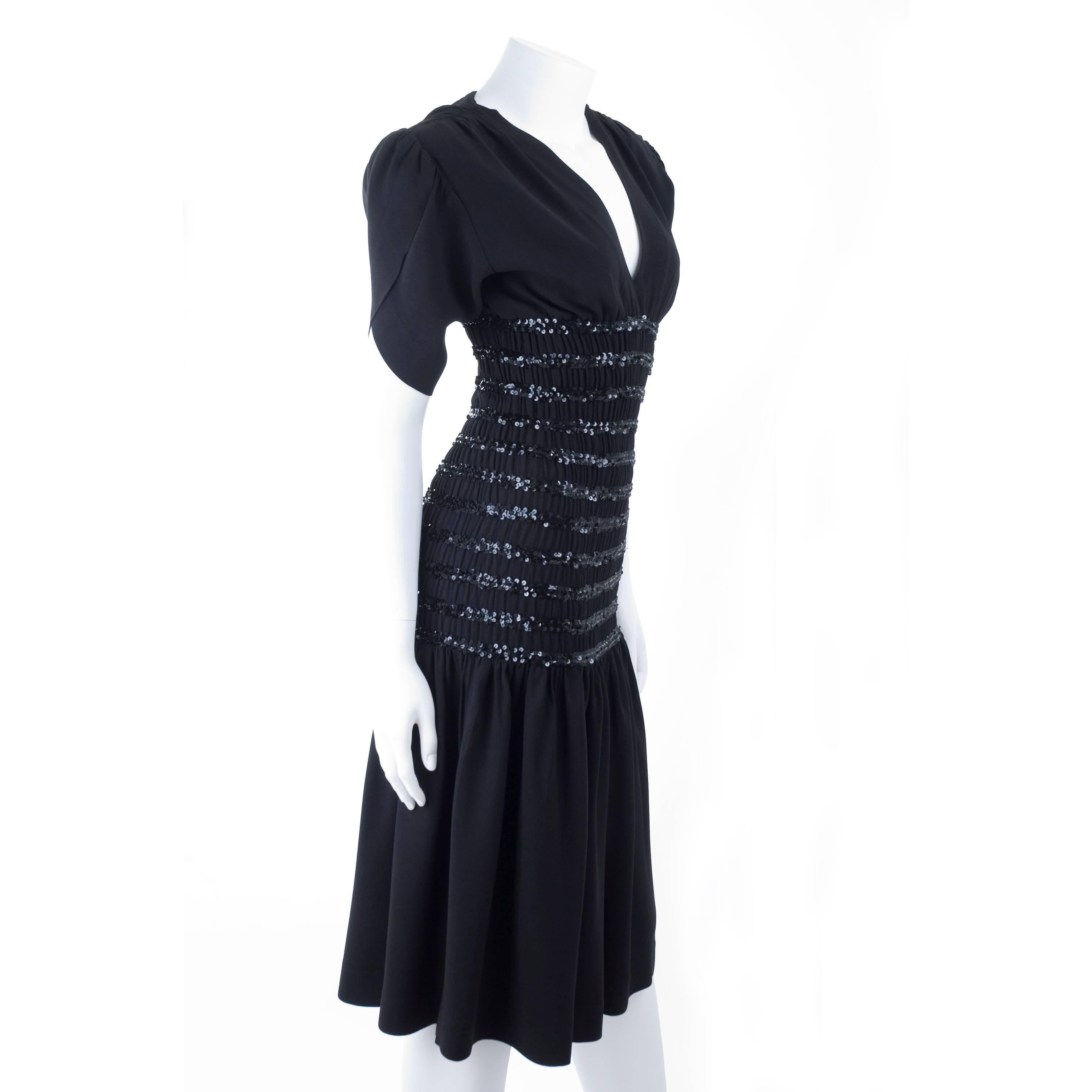 Women's 1983 Vintage Yves Saint Laurent Black Black Smocked and Sequined Cocktail Dress For Sale