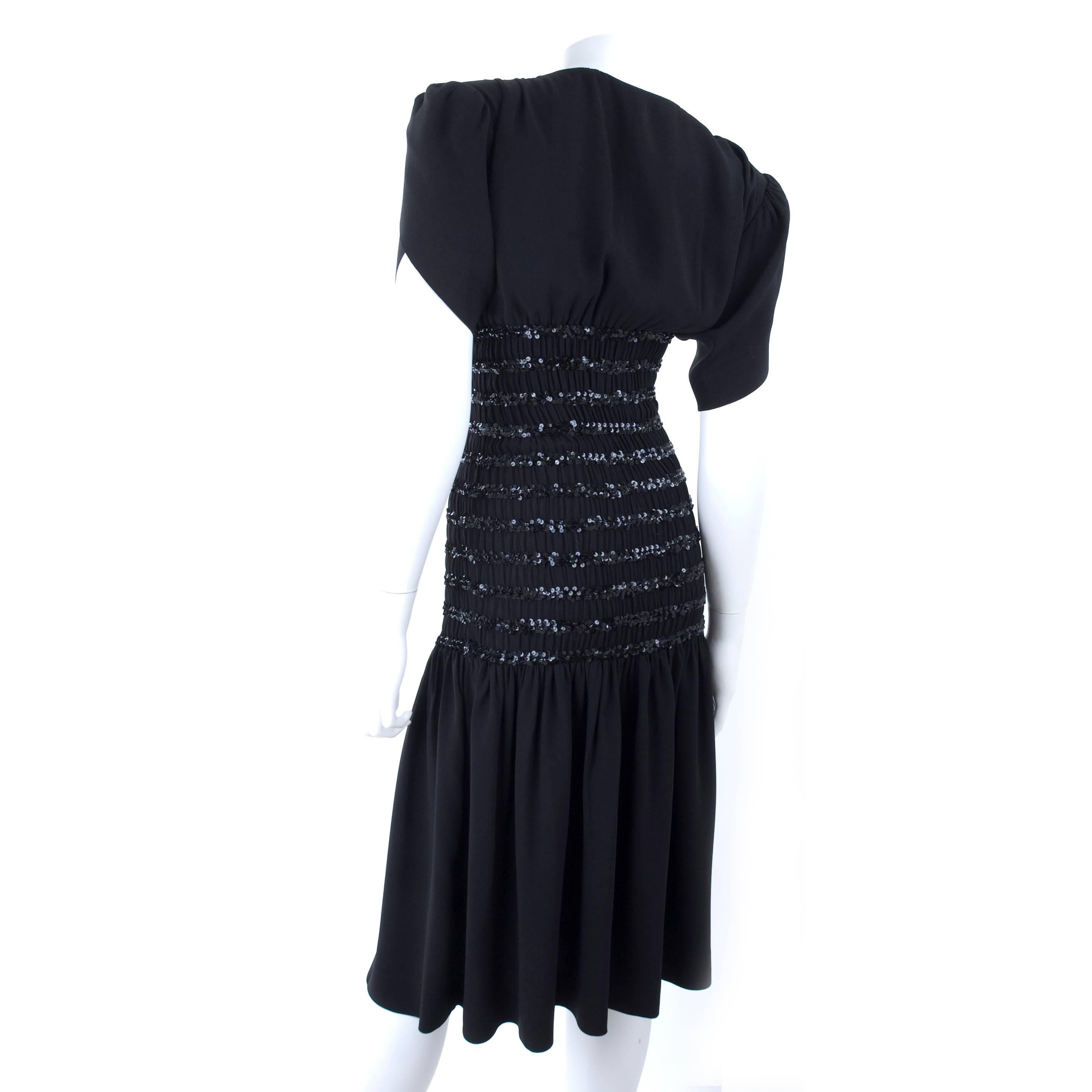 1983 Vintage Yves Saint Laurent Black Black Smocked and Sequined Cocktail Dress For Sale 2