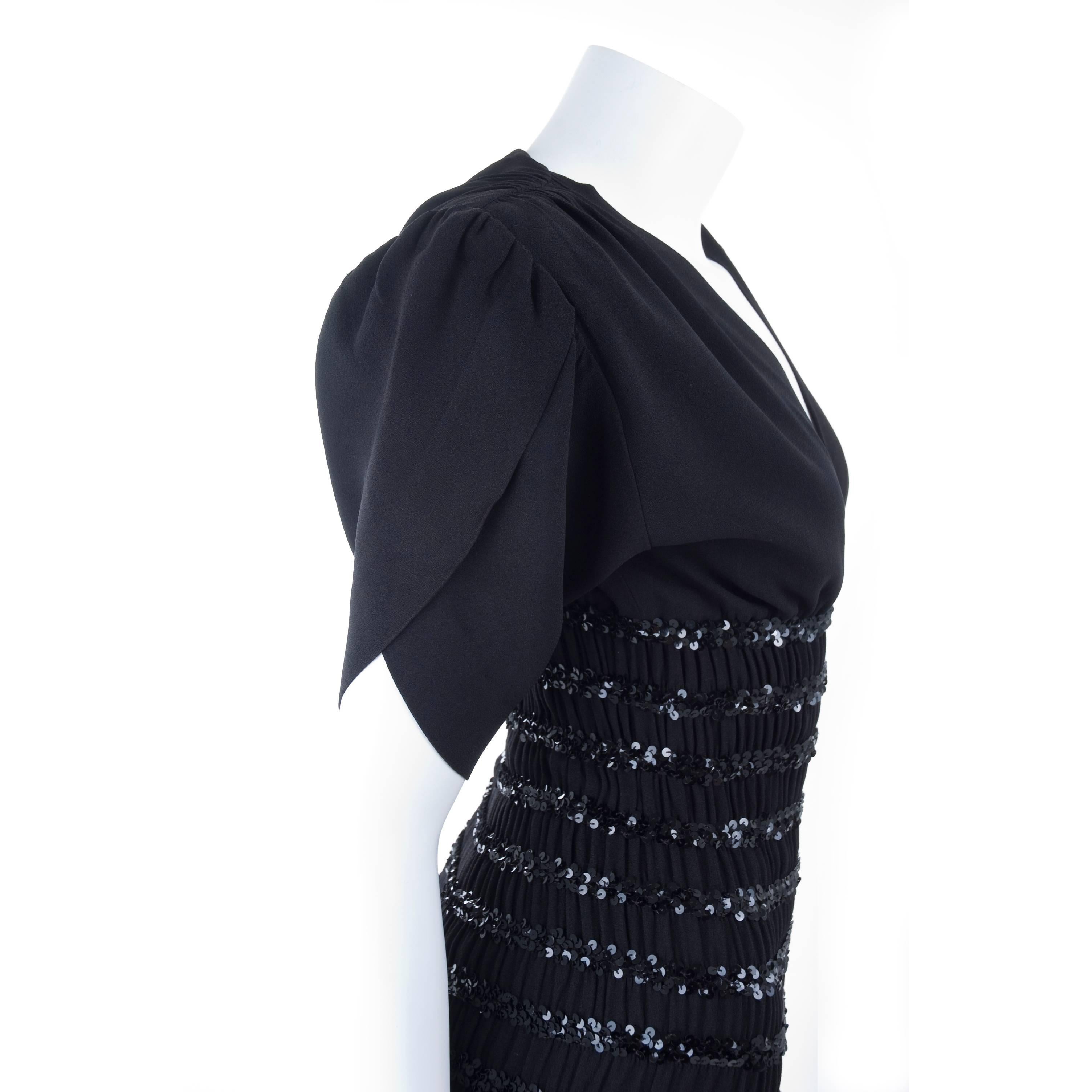 1983 Vintage Yves Saint Laurent Black Black Smocked and Sequined Cocktail Dress For Sale 3