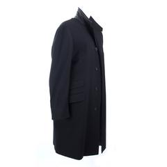 Mens HERMES Vintage Black Wool Coat with Contrast Stitching and Leather Trim 1