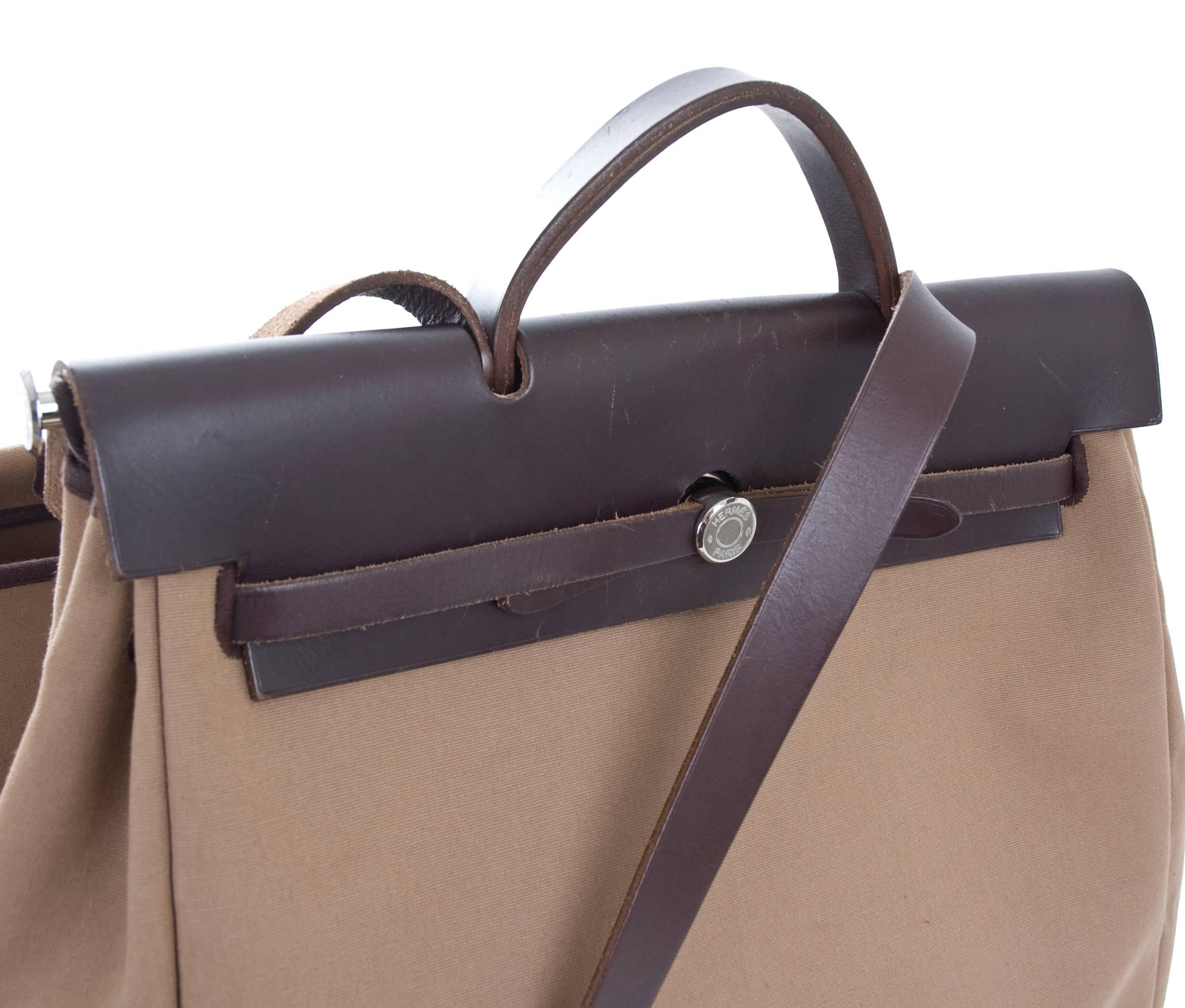 2005 Vintage HERMES 2in1 HERBAG Toile and Dark Brown Leather MM  In Good Condition For Sale In Hamburg, Deutschland