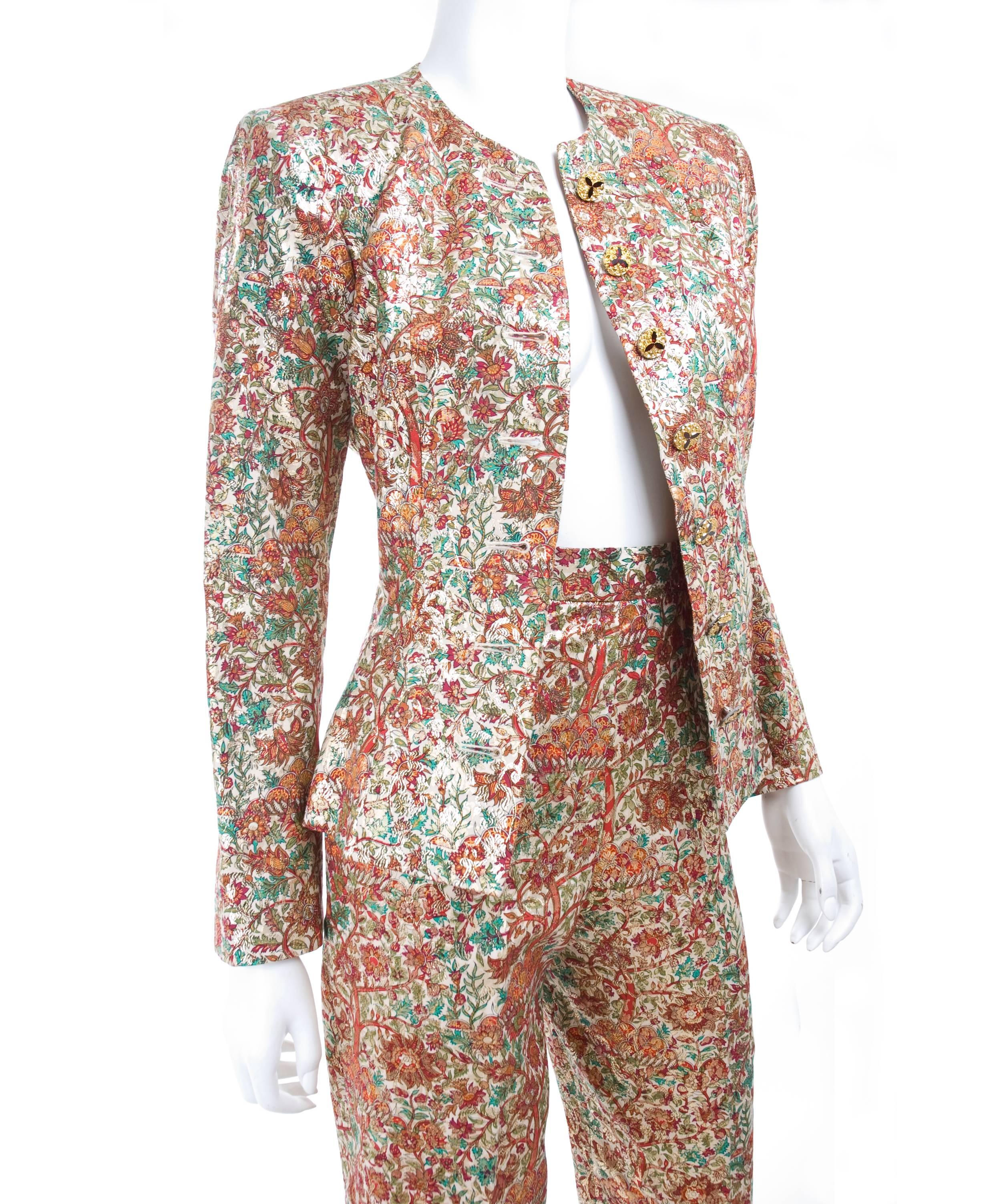 Brown Vintage Yves Saint Laurent Brocade Suit in Gold, Red and Green For Sale