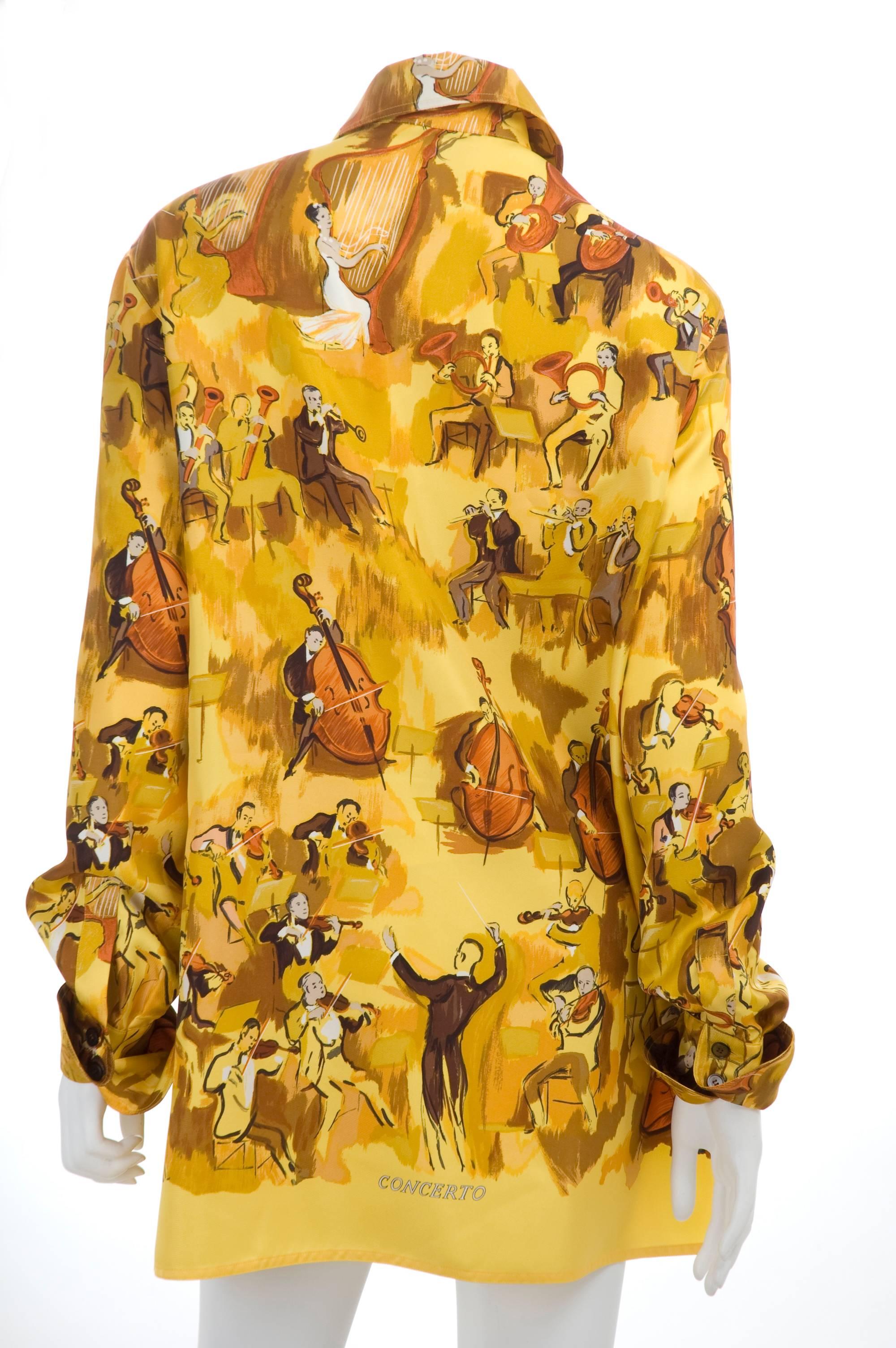 Orange Vintage Hermes Silk Blouse - CONCERTO - motive design by Clerc size L - Like New For Sale