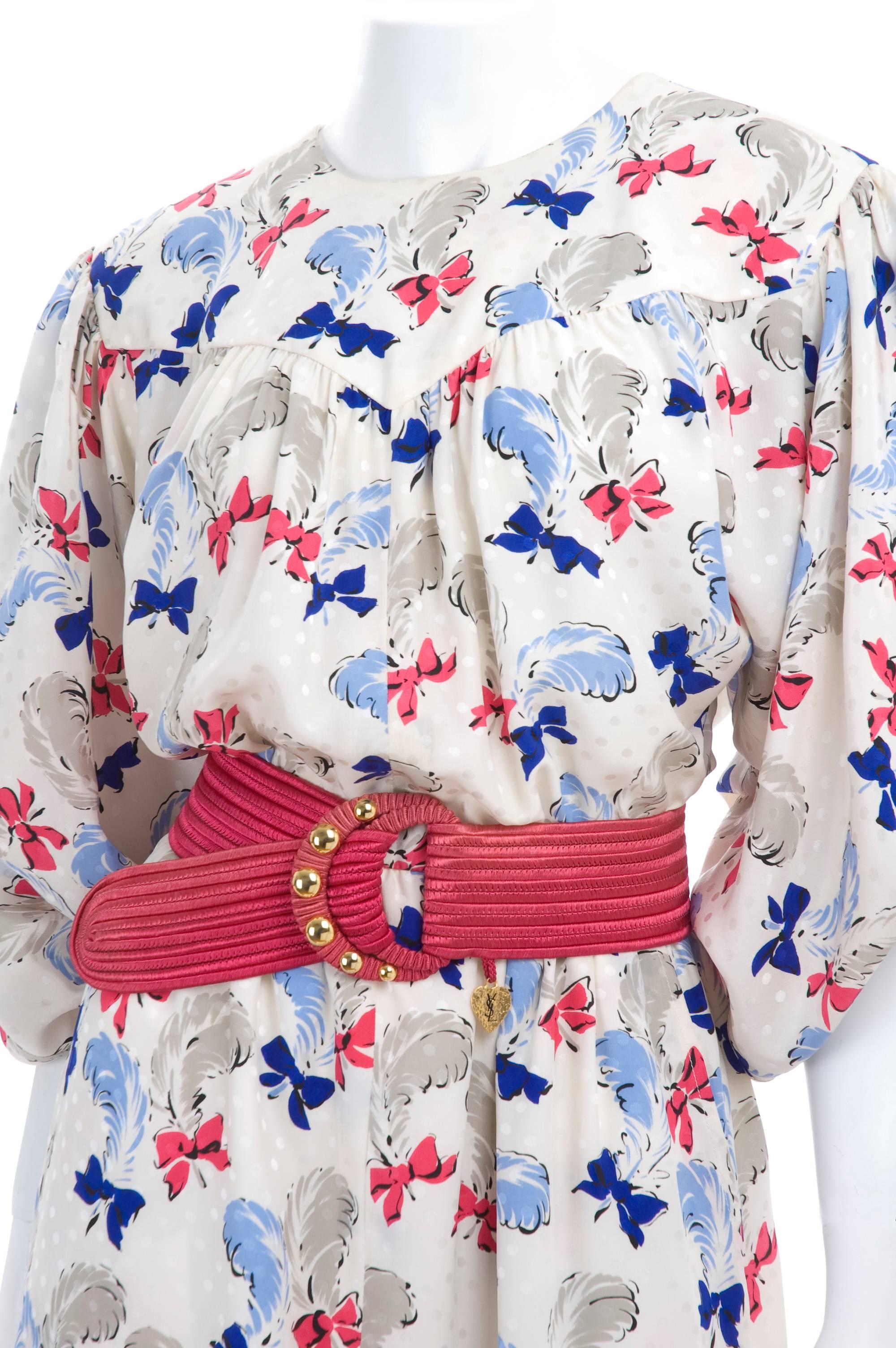 Gray Vintage Yves Saint Laurent Silk Jacquard Dress With Matching Belt For Sale