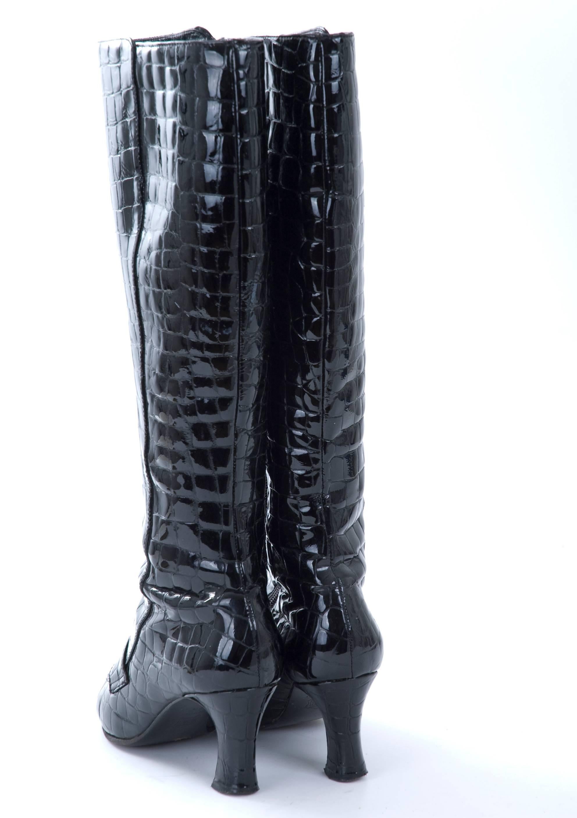 Women's Vintage 80s Black GIANNI VERSACE Crocodile Pattern Leather Boots with Medusa