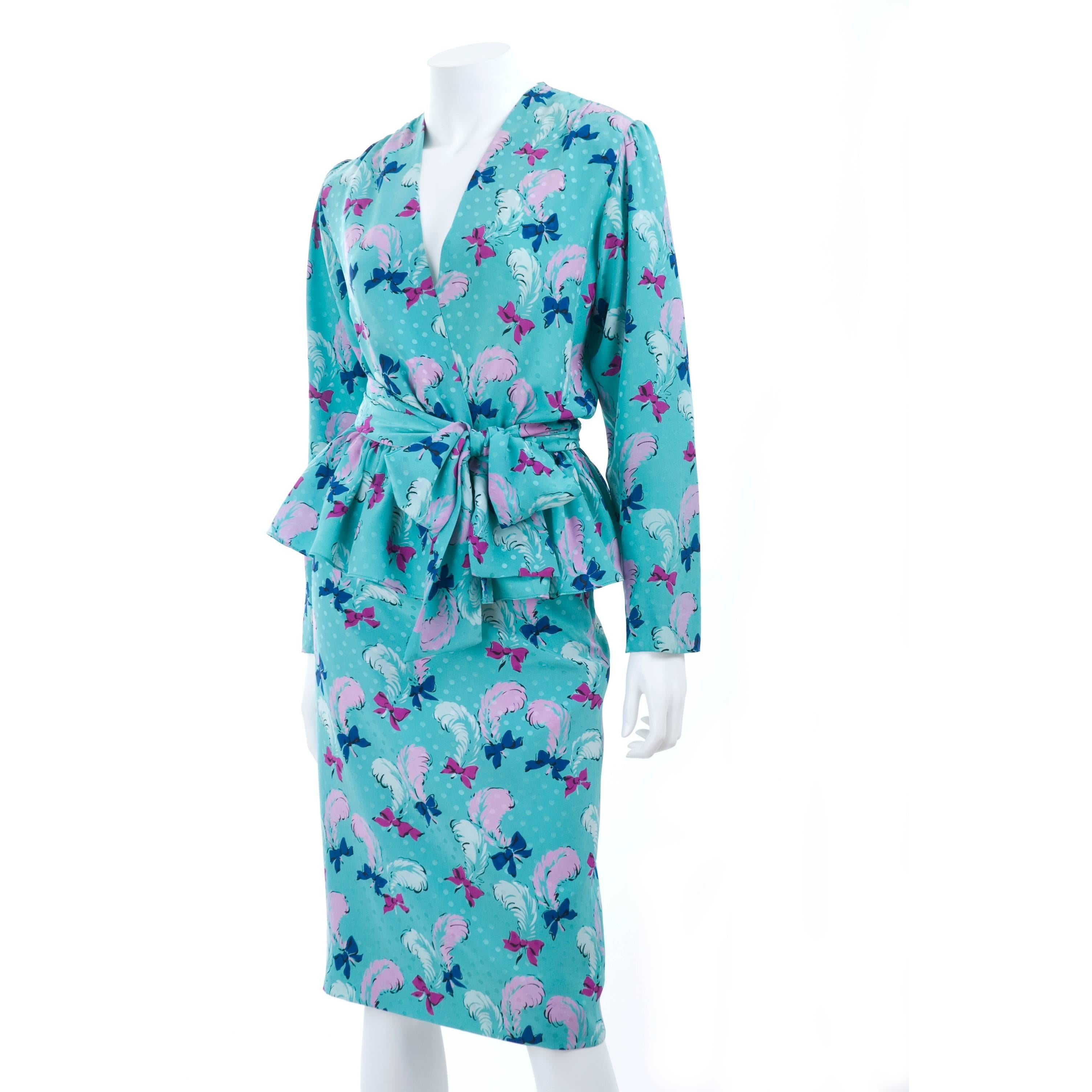 Blue Vintage 1987 Yves Saint Laurent 2 Piece Silk Jacquard Dress with Feather Design For Sale