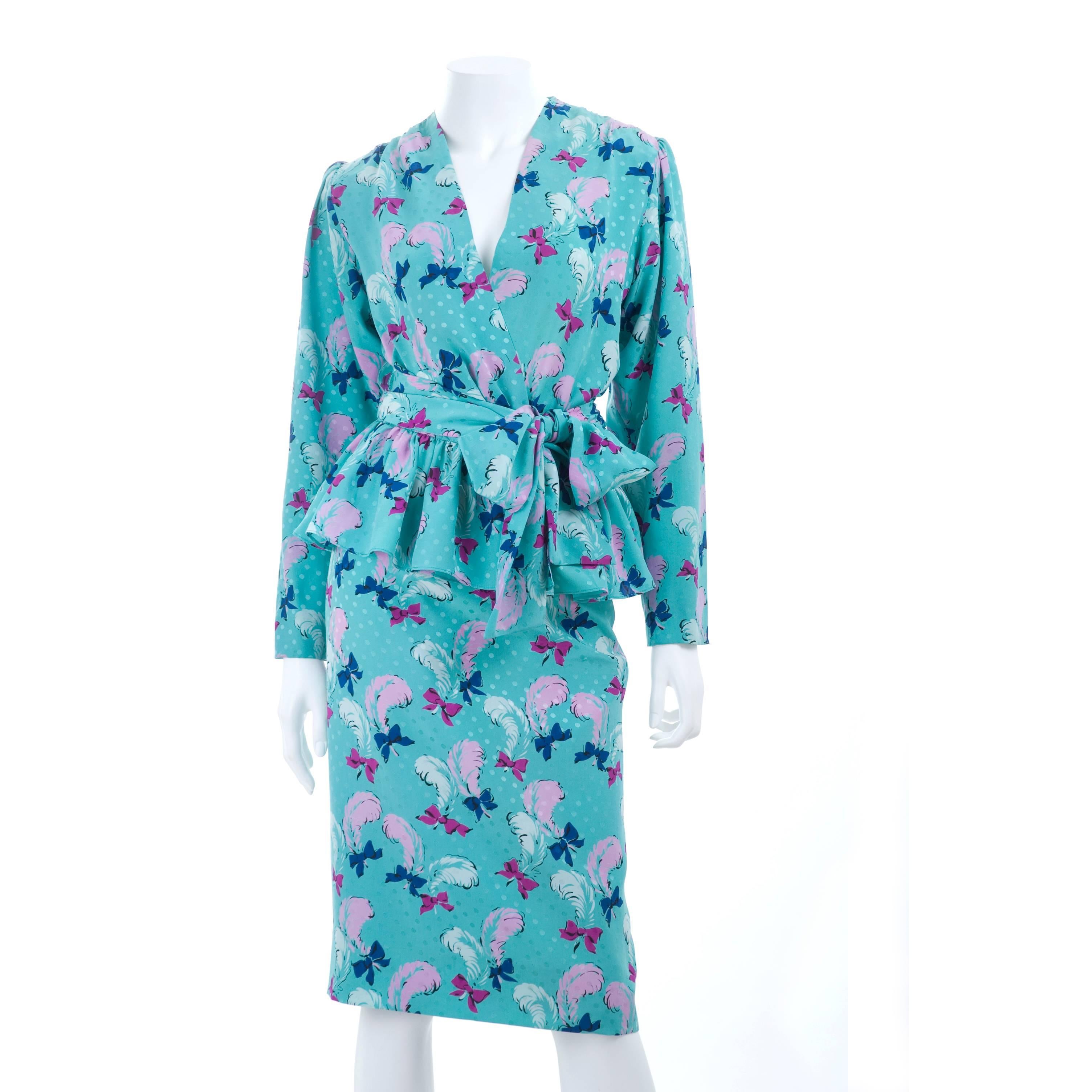 Women's Vintage 1987 Yves Saint Laurent 2 Piece Silk Jacquard Dress with Feather Design For Sale