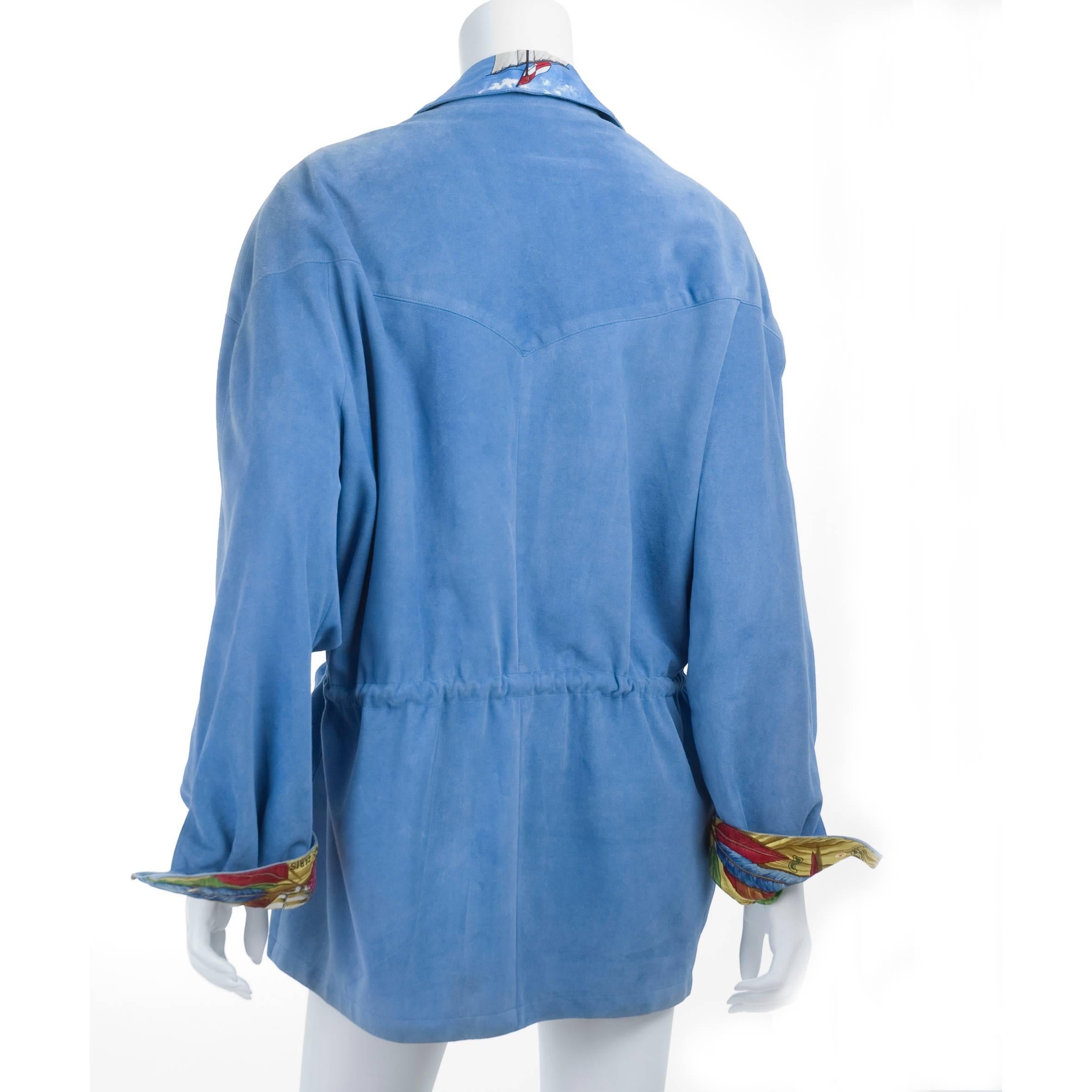 Vintage 90s HERMES Suede & Silk Leather Jacket with Christophe Colomb Print For Sale 2