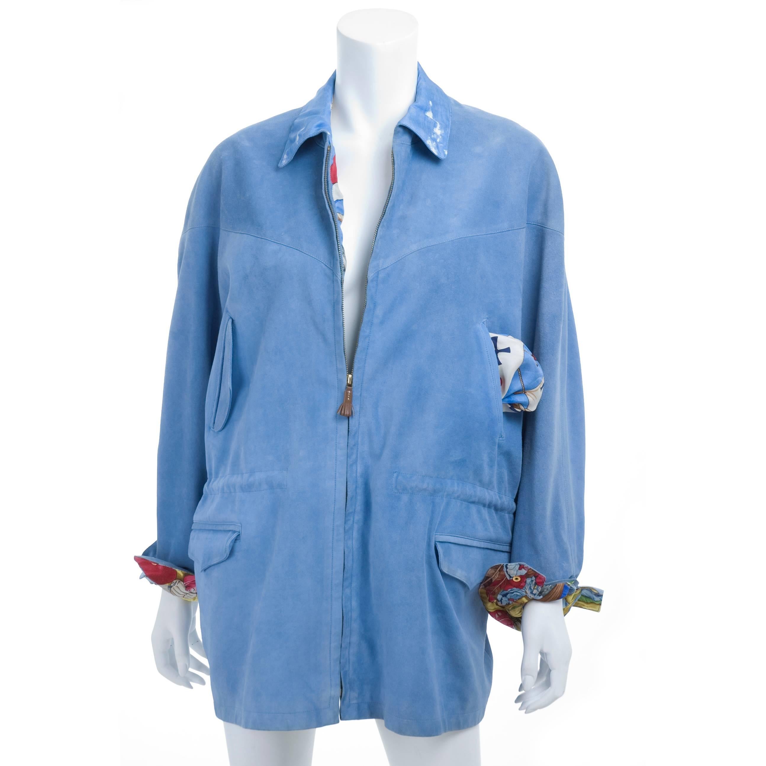 Blue Vintage 90s HERMES Suede & Silk Leather Jacket with Christophe Colomb Print For Sale