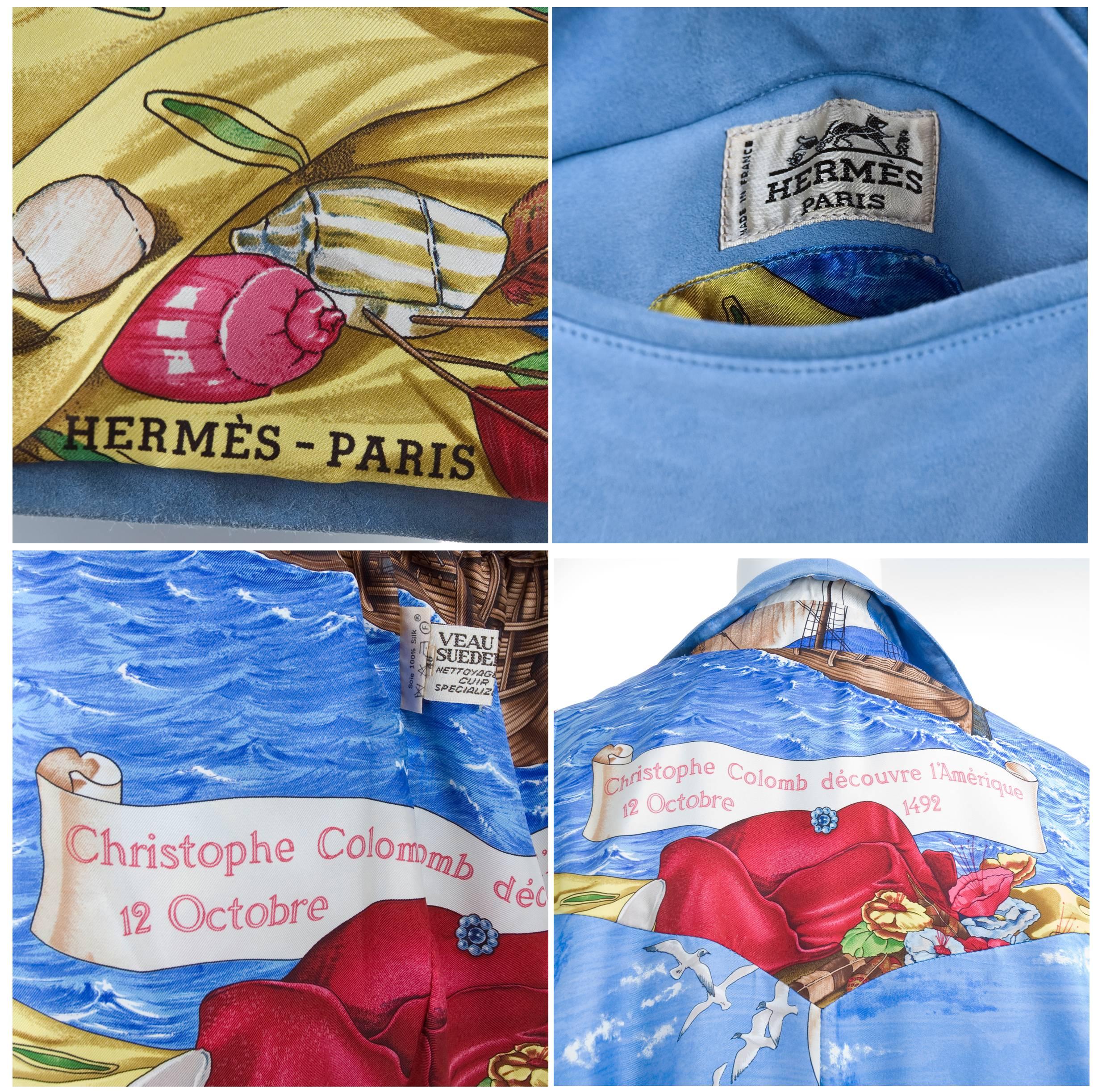 Vintage 90s HERMES Suede & Silk Leather Jacket with Christophe Colomb Print For Sale 3