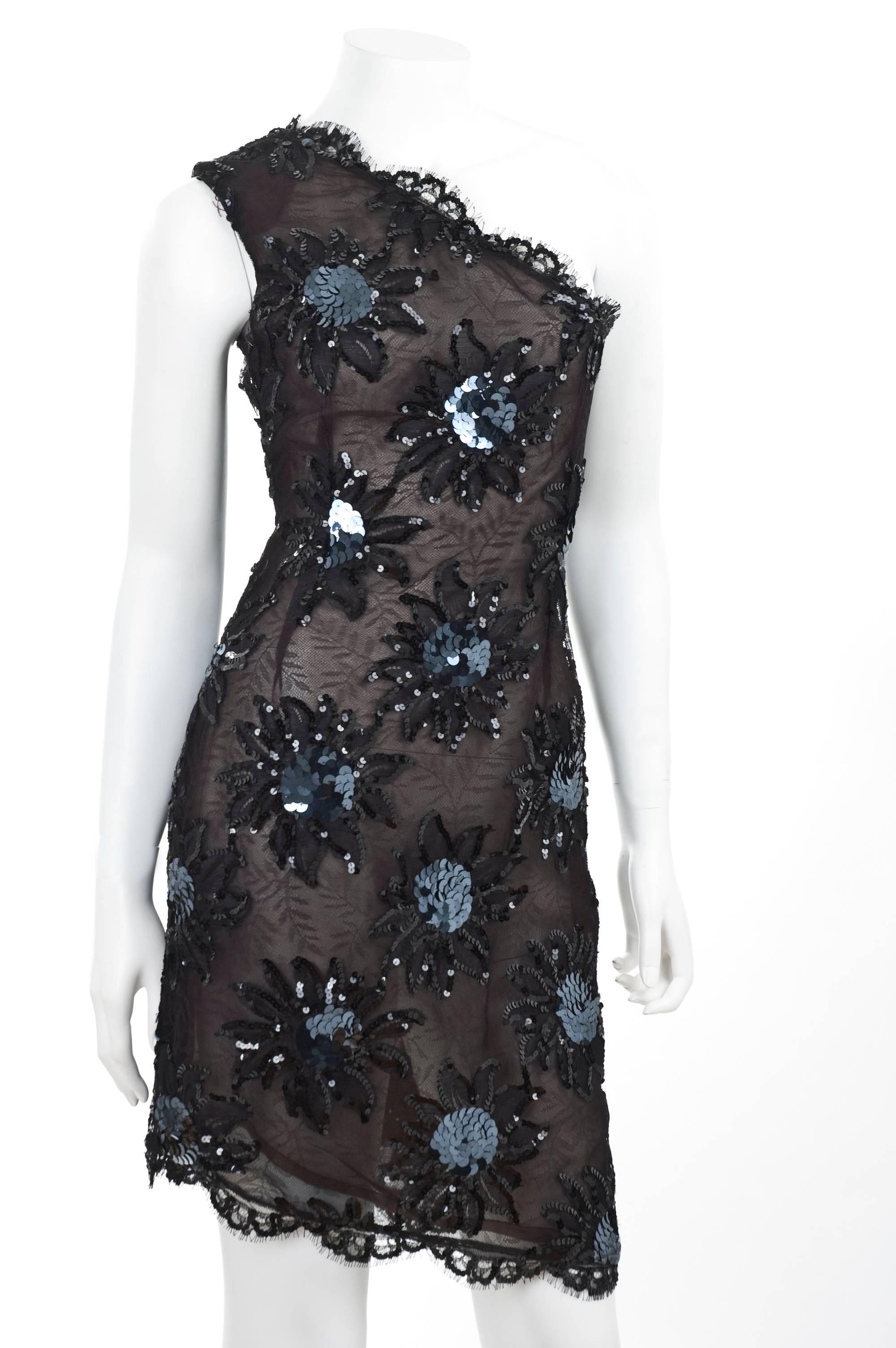1987 Rare Yves Saint Laurent Cocktail Dress in Black Lace and Sequins  For Sale 1