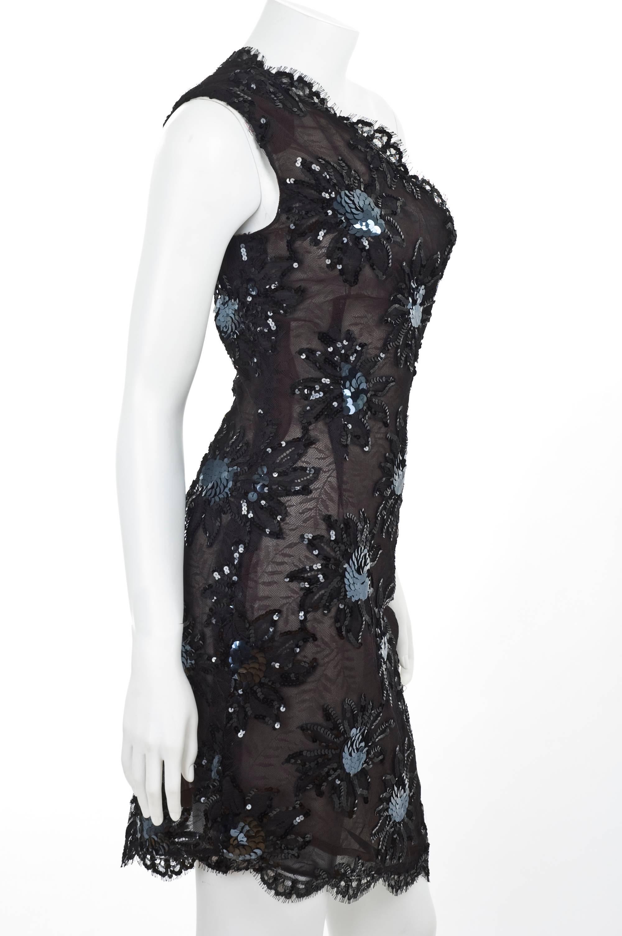 1987 Rare Yves Saint Laurent Cocktail Dress in Black Lace and Sequins  For Sale 2