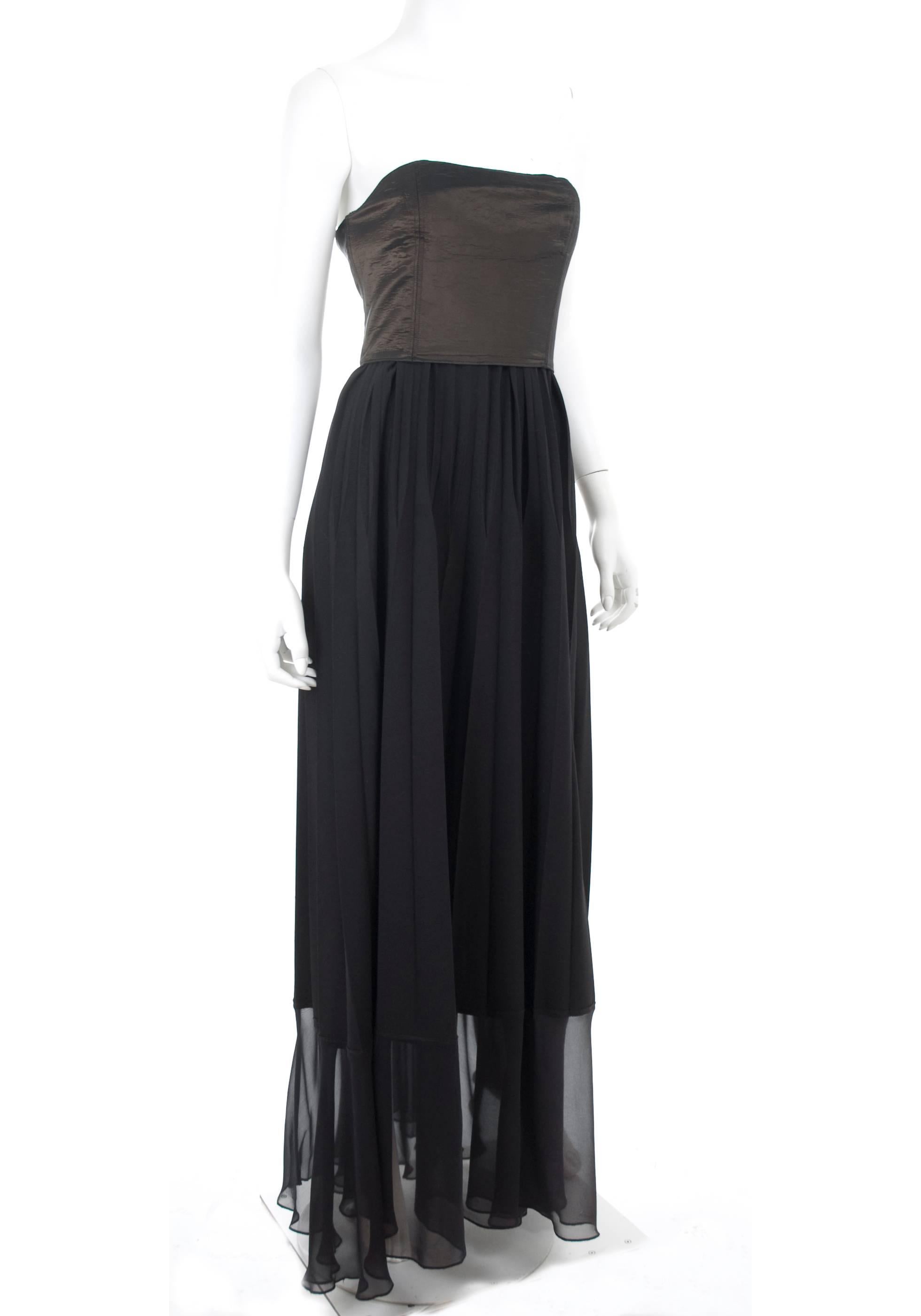 Black 90s Jean Paul Gaultier Straples Evening Dress with Pleats, Chiffon and Corsage For Sale