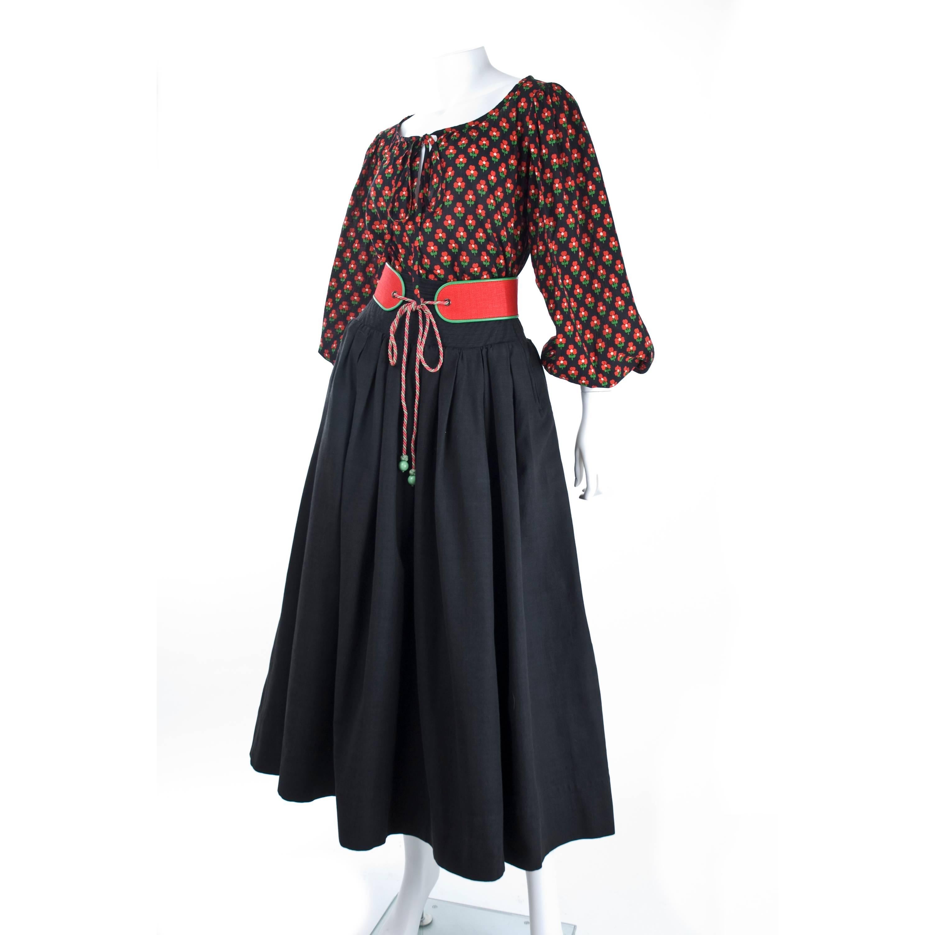 Black  Yves Saint Laurent Vintage Gypsy Skirt Blouse and Belt, 1970s
