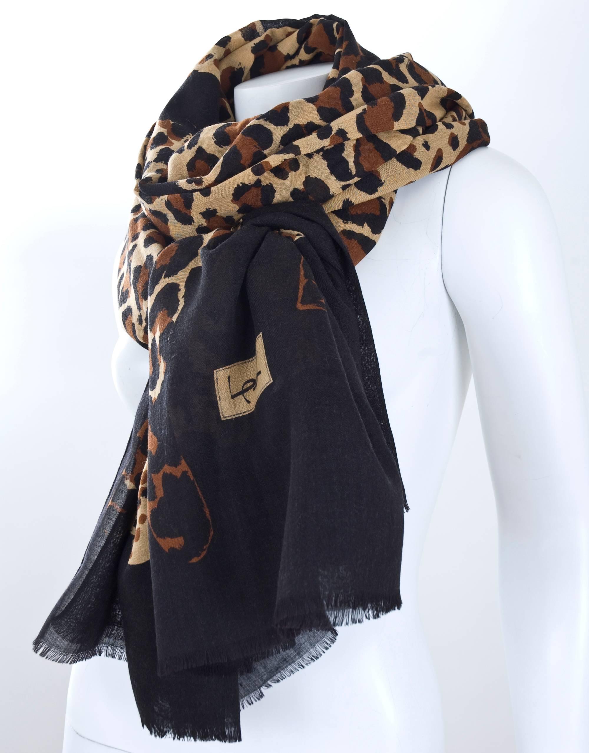 Black Yves Saint Laurent Vintage Giant Scarf Wrap Sarong with Leopards 90x54, 1980s   For Sale