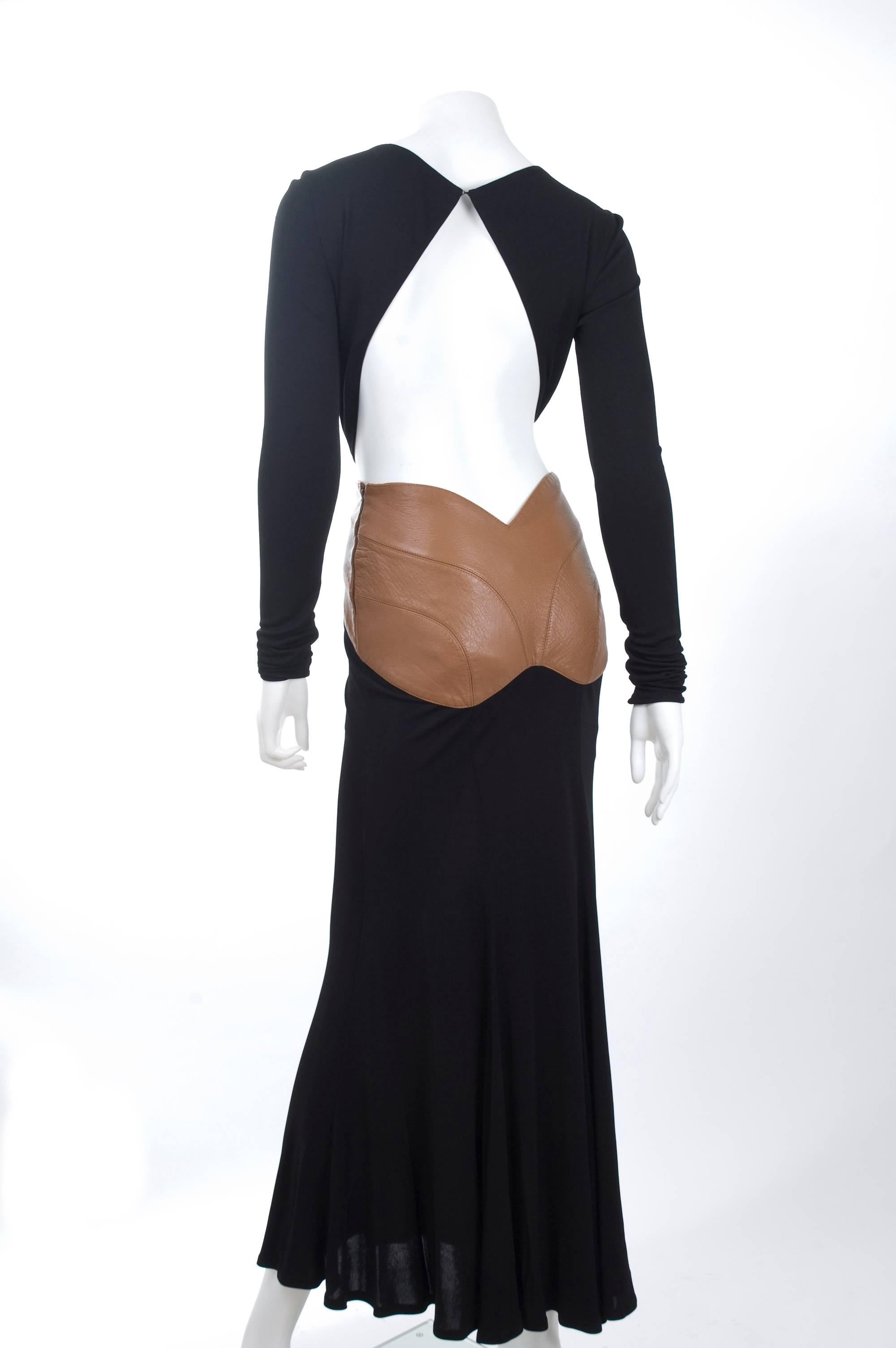 90s Vintage GIANNI VERSACE COUTURE Black Dress with Tan Leather  1
