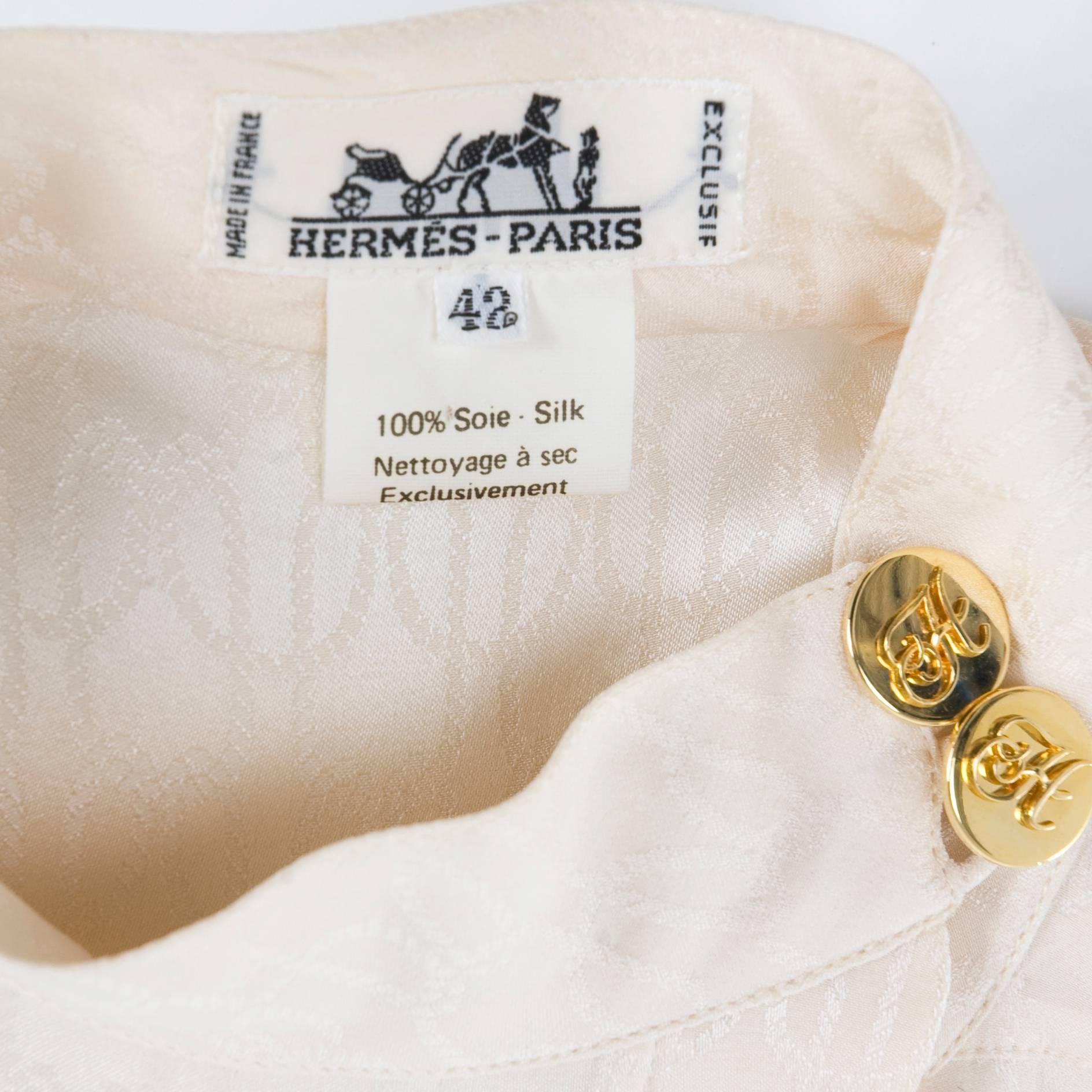 Vintage Hermes Jacquard Creme Silk Blouse For Sale 1