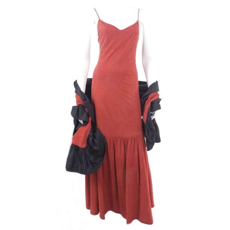 Vintage 80's Red Suede Leather Stravropoulos Evening Dress and Stole For Sale