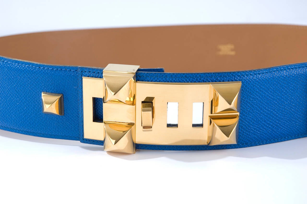 Beige Blue Hermès Collier de Chien Leather Belt For Sale