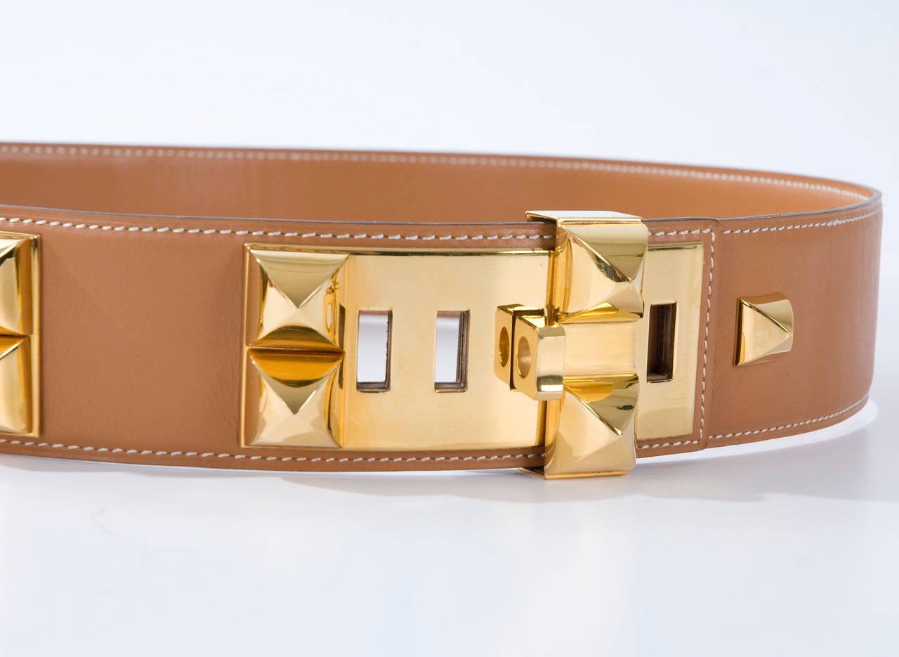 Brown 1987 Camel Hermès Collier de Chien Leather Belt For Sale