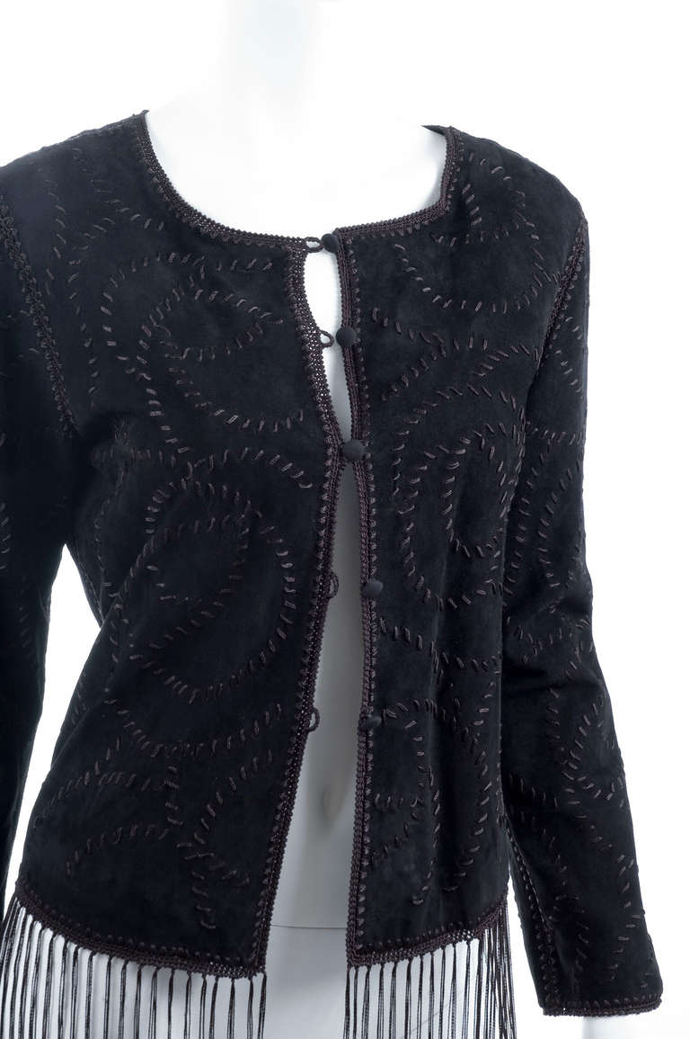 Black Giorgio Armani Embroidered Suede Leather Jacket For Sale