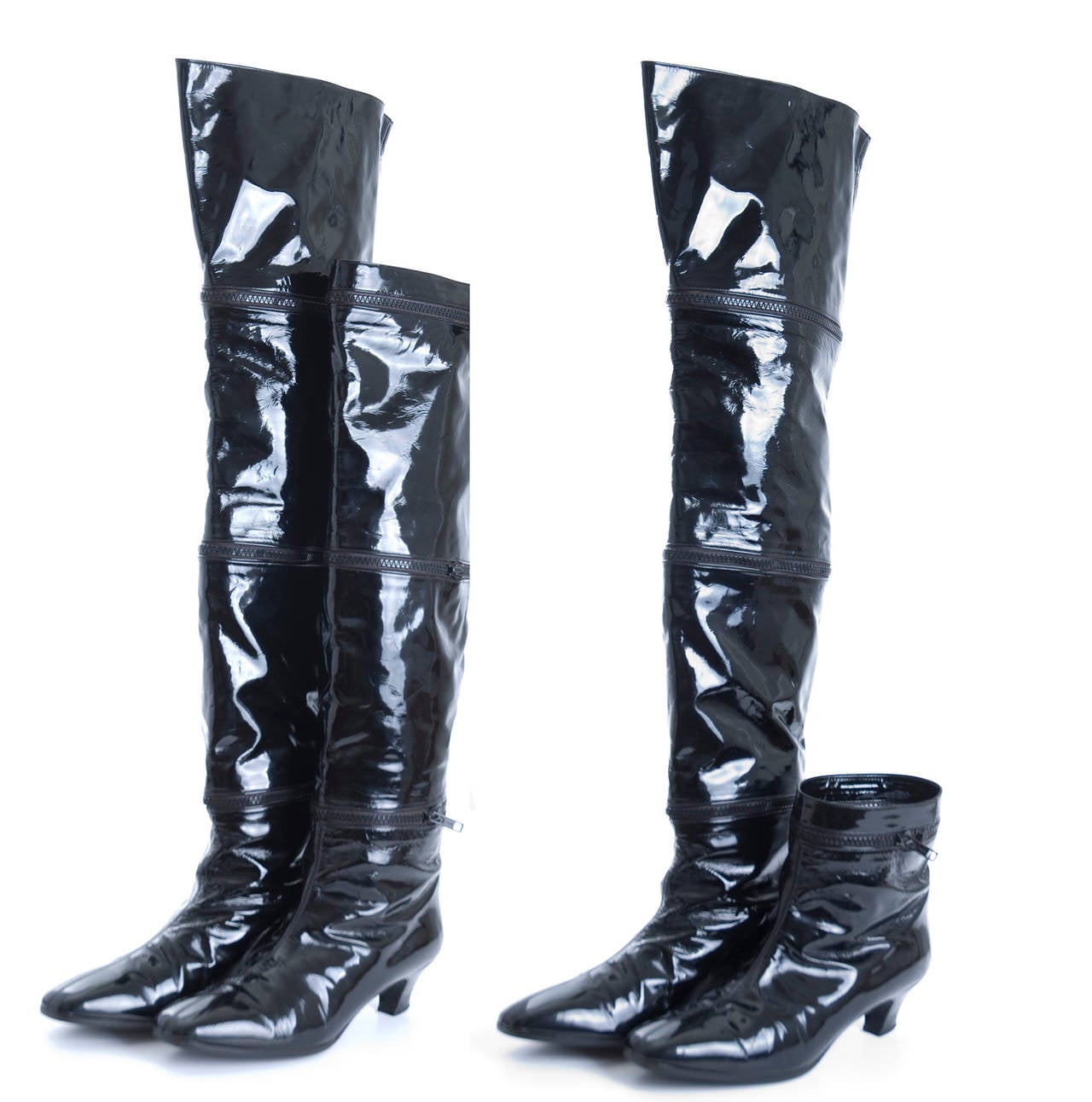 Vintage Mario Valentino Overknee Boots wearable in 4 length.
8 small straps fit on every length to finish the edge.
Black patent leather.
They have been worn but they are in very good condition.
Size 7.5  or 37.5

Note to offer: Buyer pays for