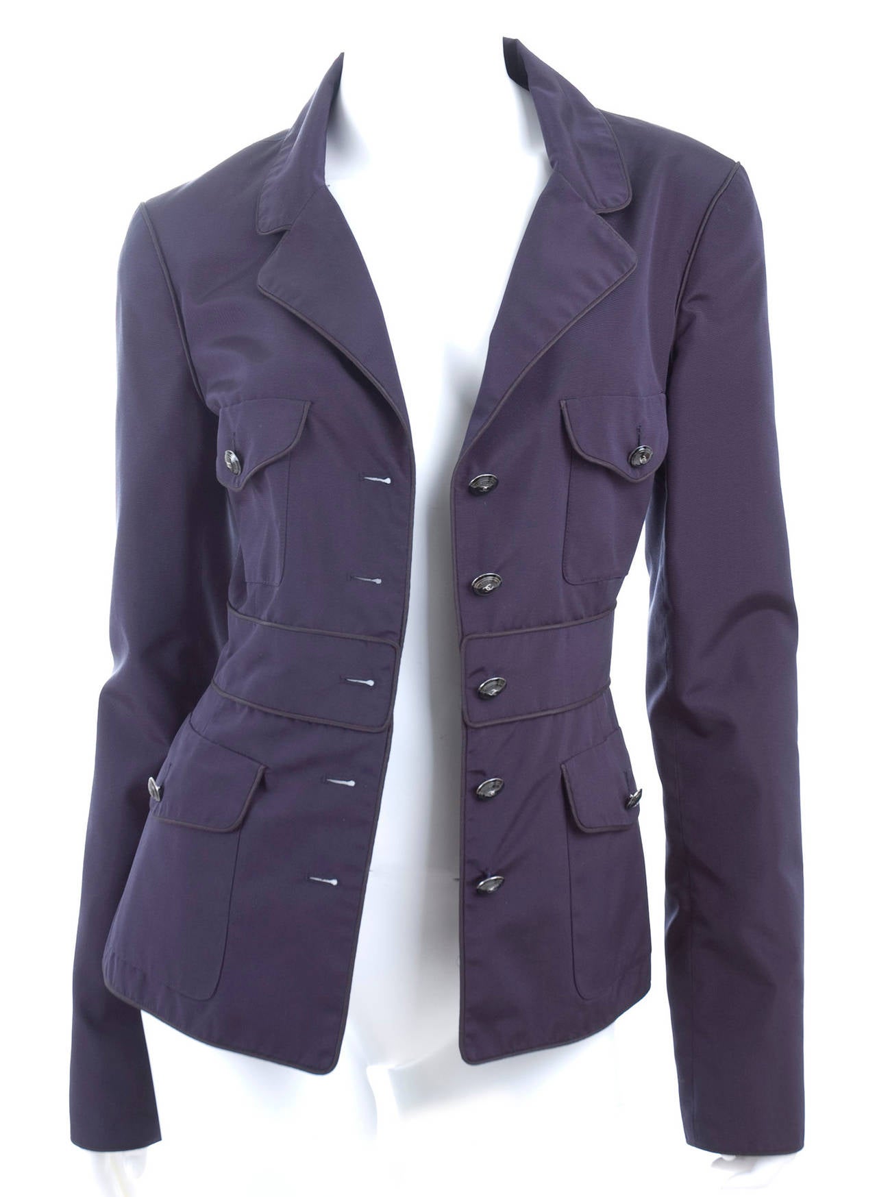 Chanel Silk Jacket in Navy with black trim on all seams.
Size 40 FR 
100% Silk
Collection 2007
Measurements: 
Length 24