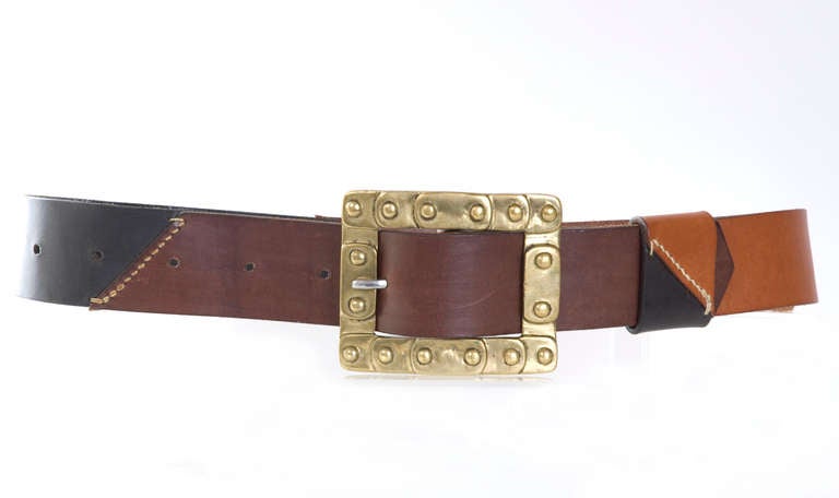 Jil Sander leather belt with hand made brass buckle.
From her earliest collection and numbered as she did in the 70's.
Black and two shades of brown leather.
Length 44 inches, buckle 4 x 3 inches
Fits from 31 to 35 inches but should sit low on the