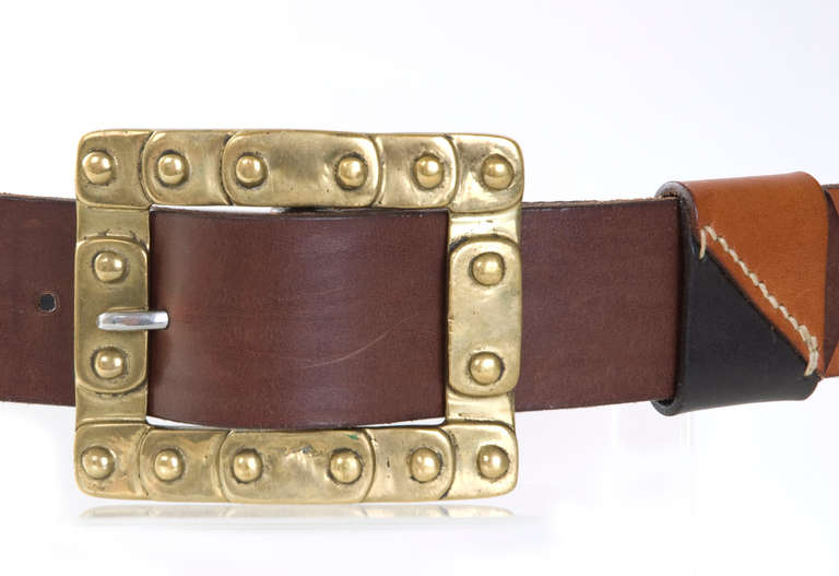 70's Jil Sander Leather Belt in Black & 2 Brown Shades with Brass Buckle For Sale 2