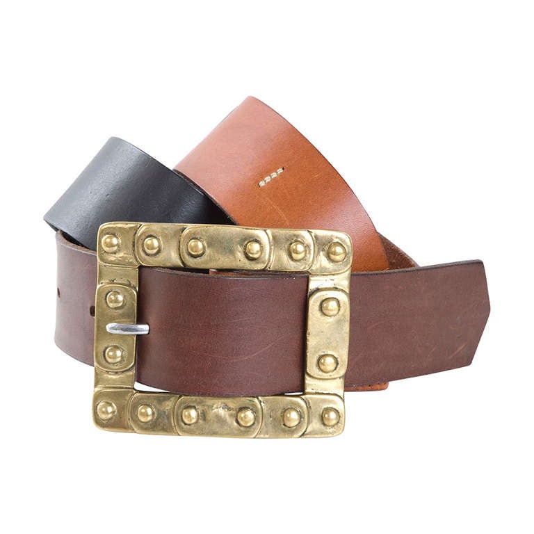 70's Jil Sander Leather Belt in Black & 2 Brown Shades with Brass Buckle For Sale
