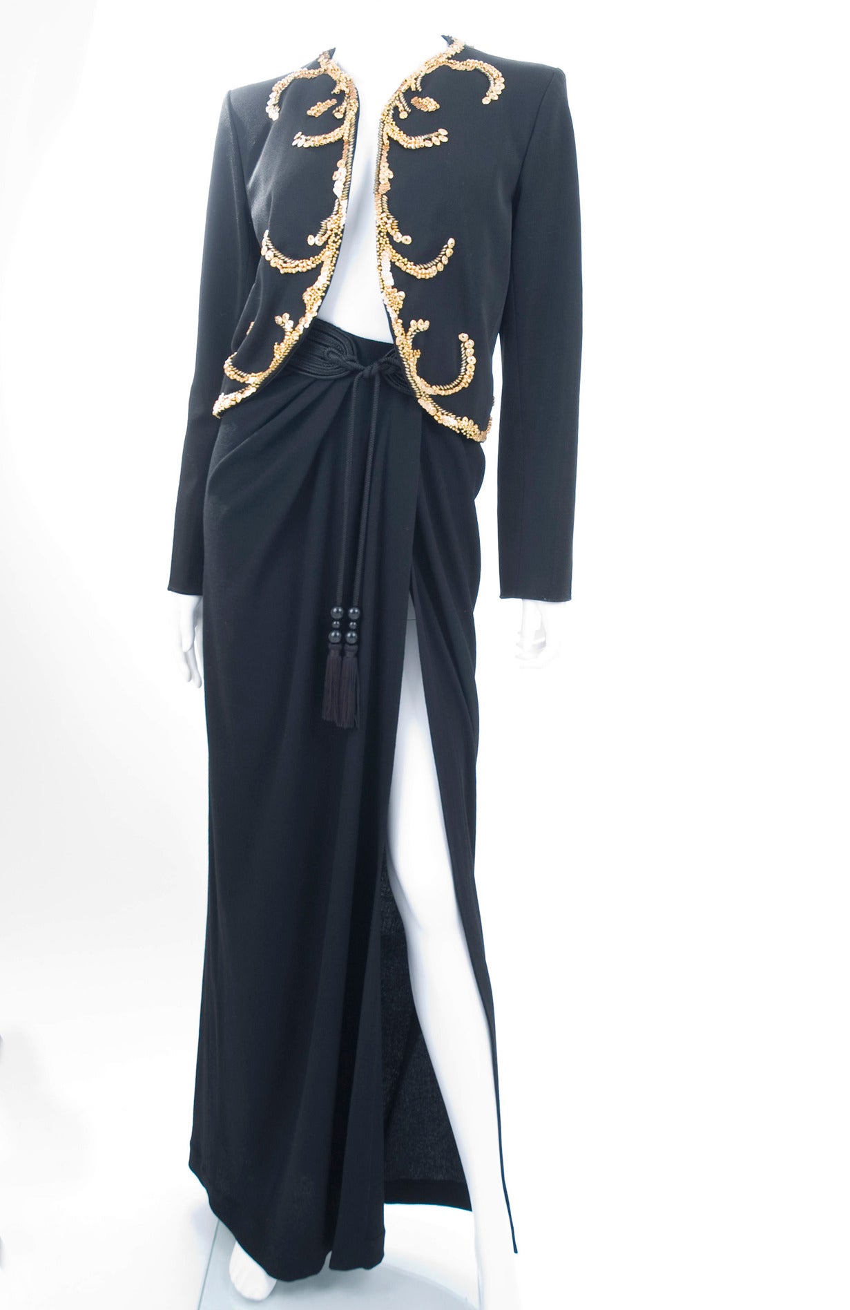 yves saint laurent evening dress of black organza with all-over embroidery