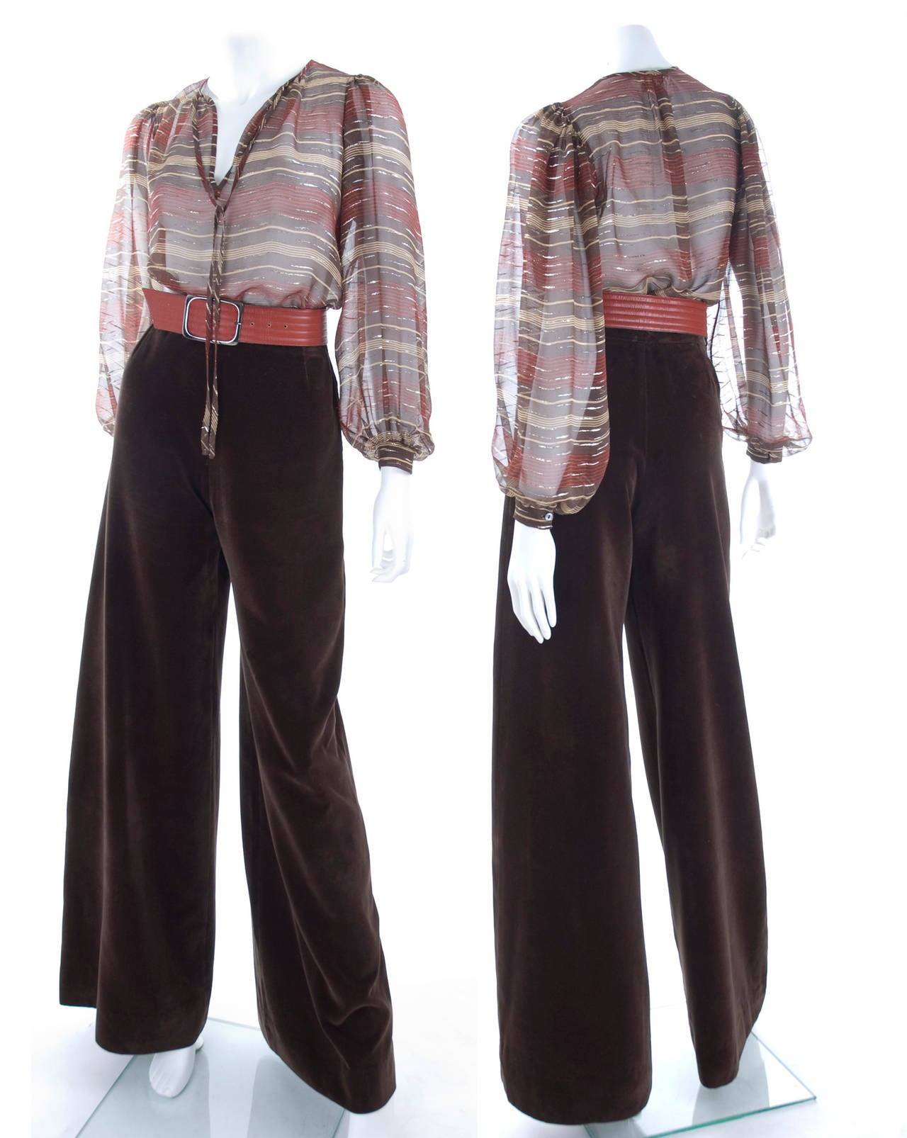 70's Yves Saint Laurent Brown Velvet Pants and Bohemian Blouse.
Sheer chiffon silk blouse brown,beige, rust red with gold thread.
Leather belt.
Pants fabric 58% cotton 42% Rayon
Blouse 100% Silk

Measurements:
Pants length 46