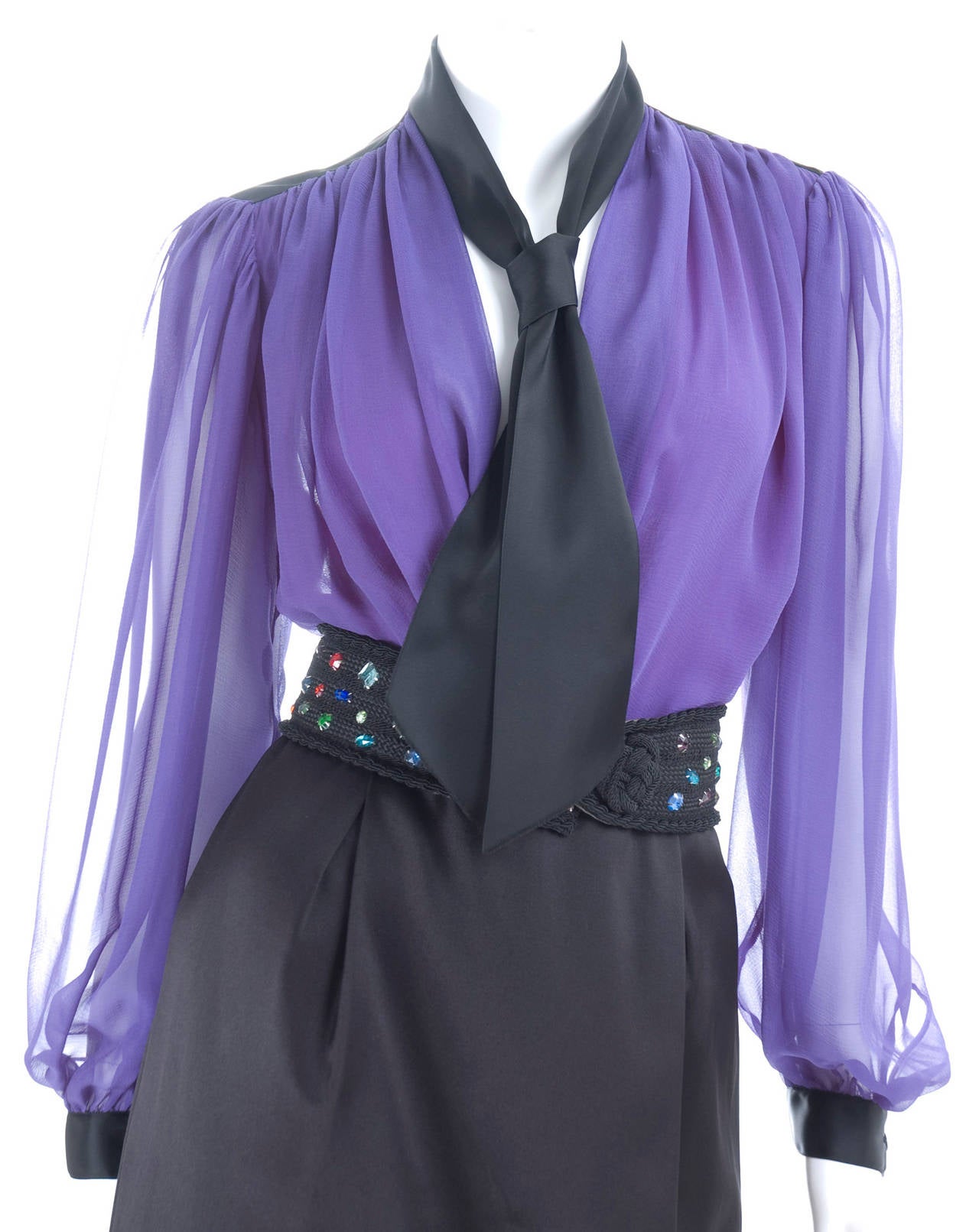 Vintage Yves Saint Laurent Blouse & Skirt Ensemble in Black and Purple For Sale 2