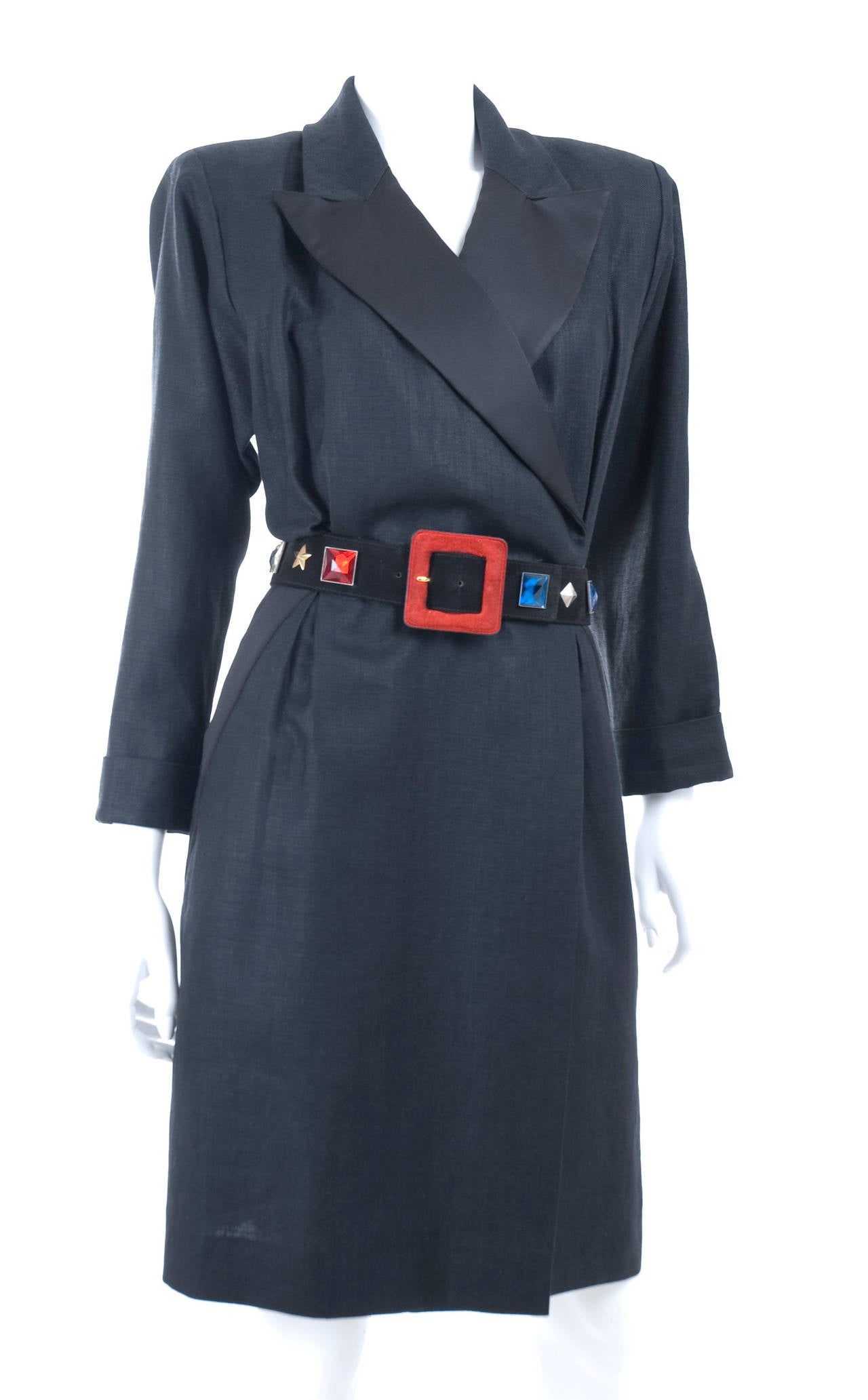 Women's 90s Vintage Yves Saint Laurent Tuxedo Black Linen Wrap Dress with Belt For Sale