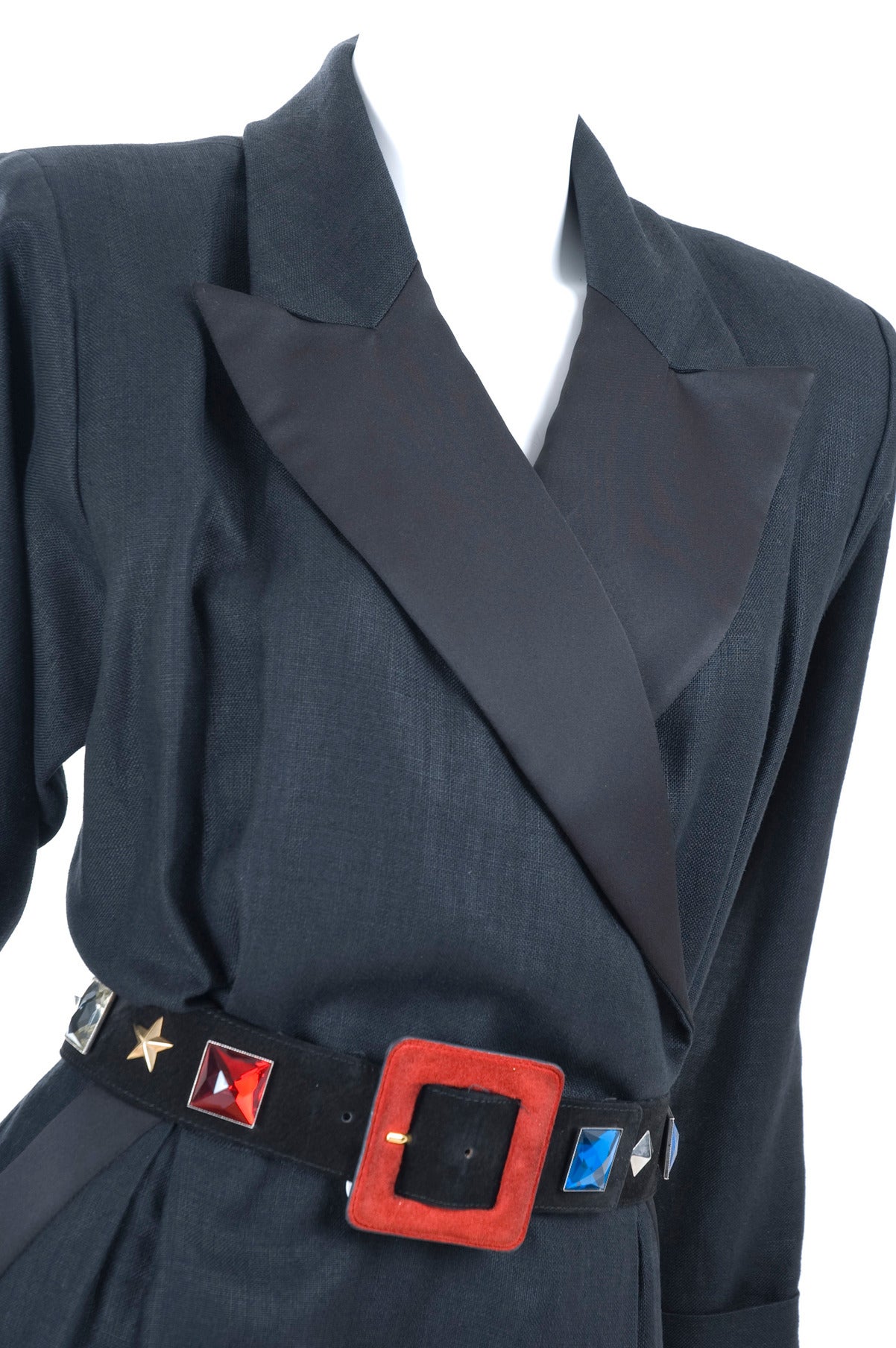 90s Vintage Yves Saint Laurent Tuxedo Black Linen Wrap Dress with Belt For Sale 1