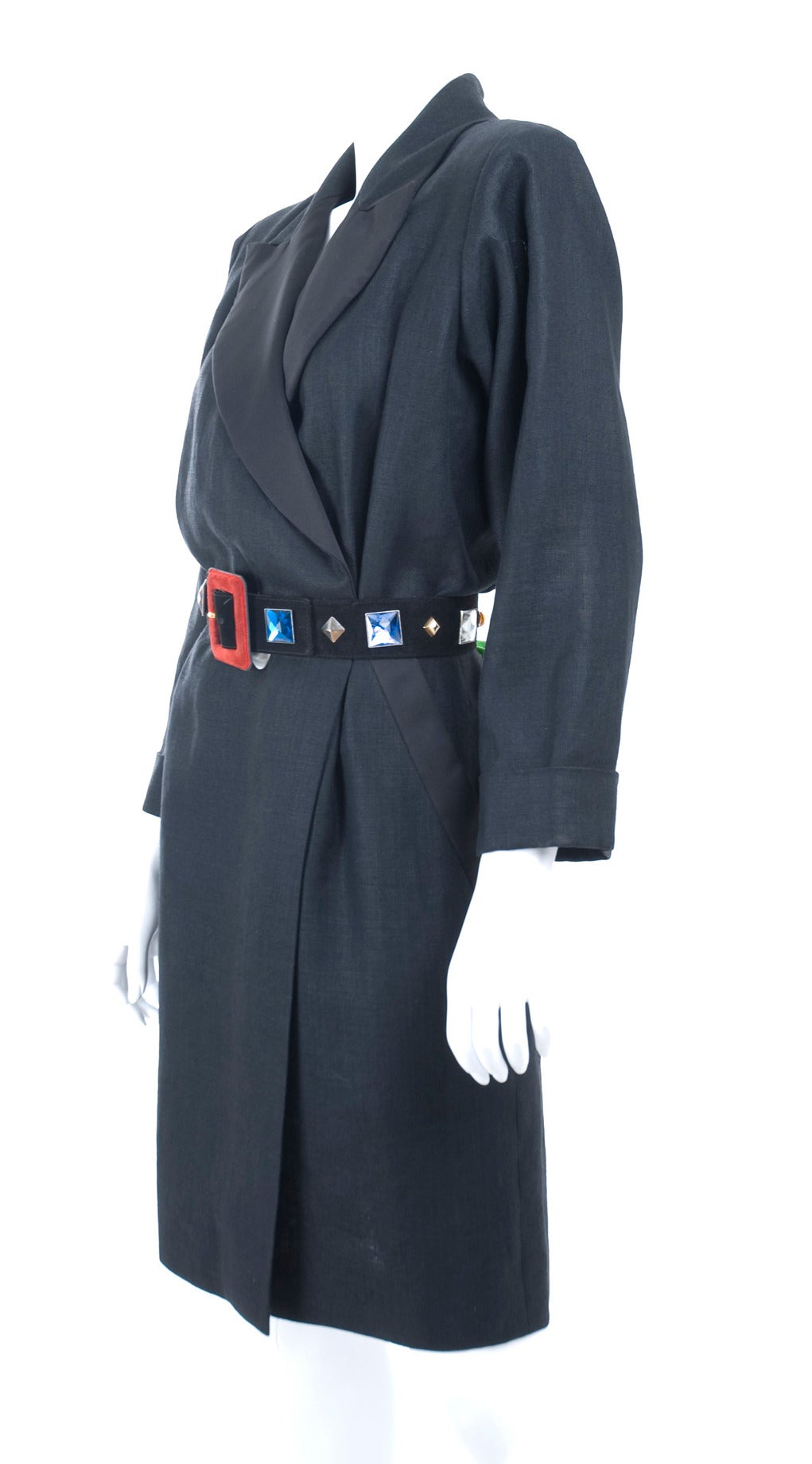 90s Vintage Yves Saint Laurent Tuxedo Black Linen Wrap Dress with Belt For Sale 2