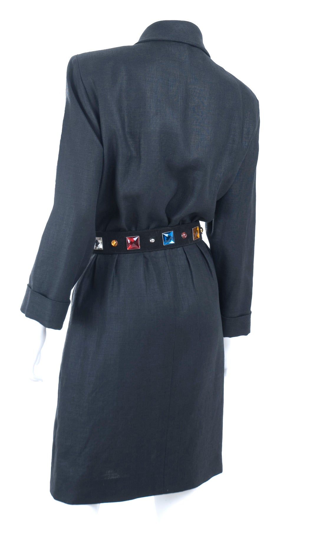 90s Vintage Yves Saint Laurent Tuxedo Black Linen Wrap Dress with Belt For Sale 3