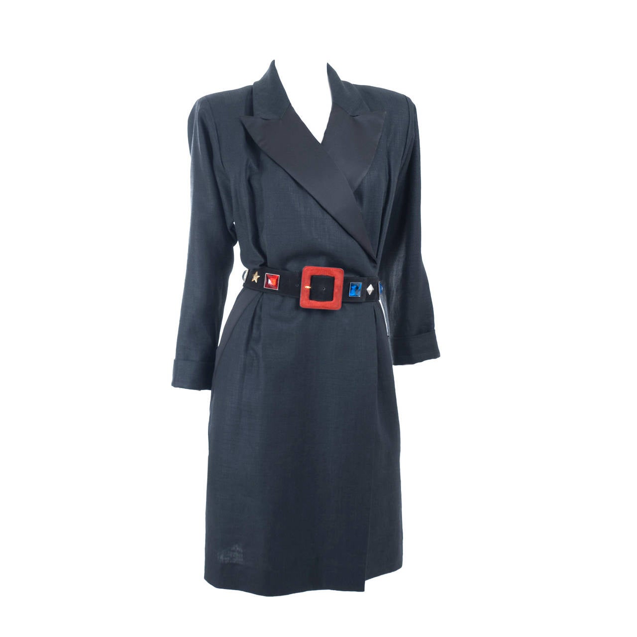 90s Vintage Yves Saint Laurent Tuxedo Black Linen Wrap Dress with Belt For Sale