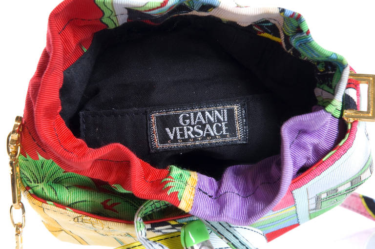 90's Gianni Versace  Miami Silk Print Bucket Pouch For Sale 2