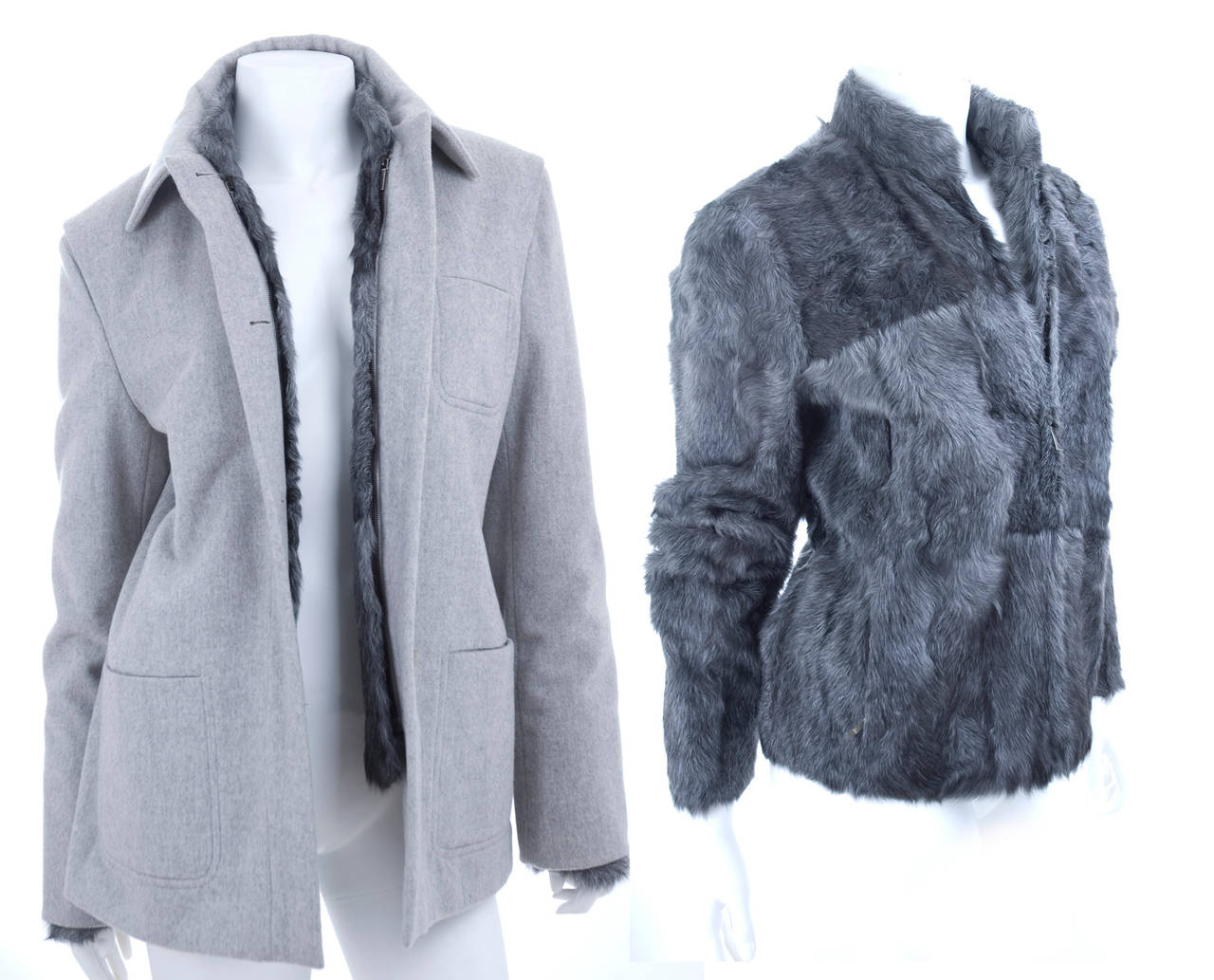 Luxurious Jil Sander winter jacket in light grey cashmere and lined with goat fur.
The fur lining is detachable and reversible to a short jacket.
Please see pictures for all the variation.
Both pieces are lined.
Never been worn -  Excellent