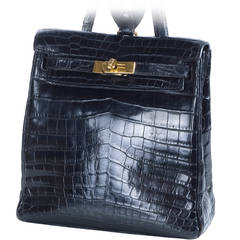 Hermes Shiny Black Nilo Crocodile Kelly Ado Backpack Bag