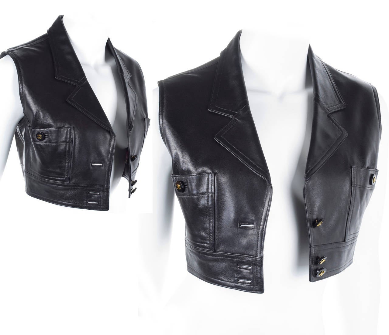 Rare 1995 Chanel Cropped Black Leather Vest
