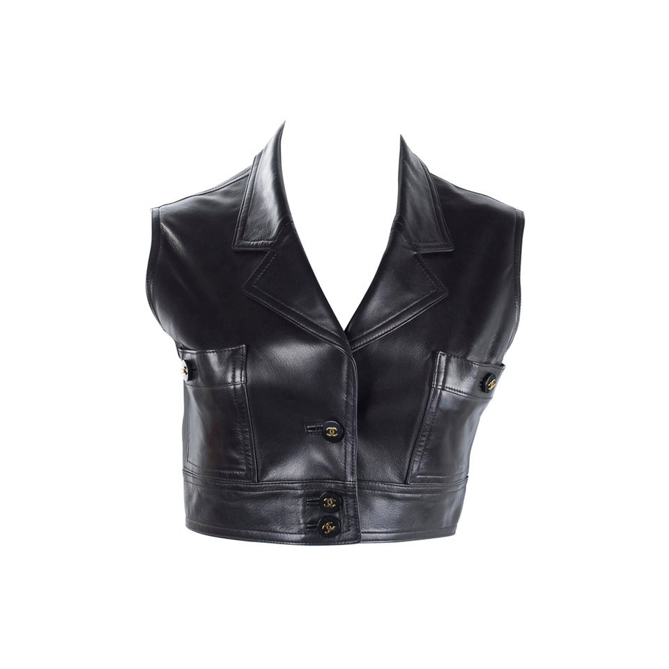 Rare 1995 Chanel Cropped Black Leather Vest at 1stDibs