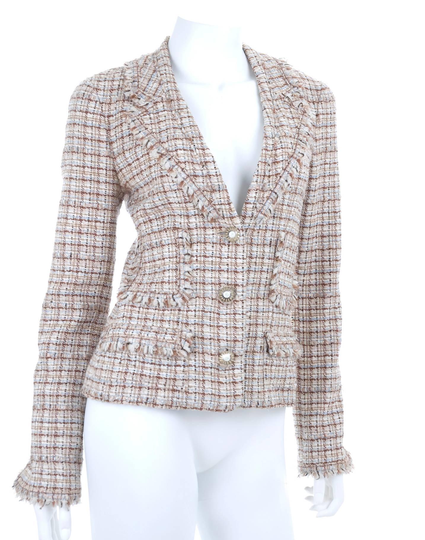2004 Chanel Tweed Jacket in brown, blue, creme and silver.
Size 40 EU
Measurements:
Length 22