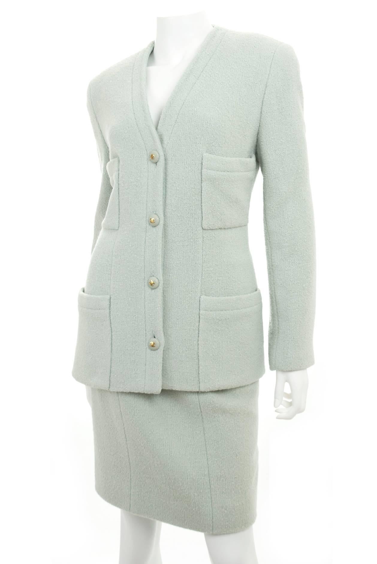 Gray Vintage 1993 Chanel Boucle Suit in Mint Green and CC Logo Buttons For Sale