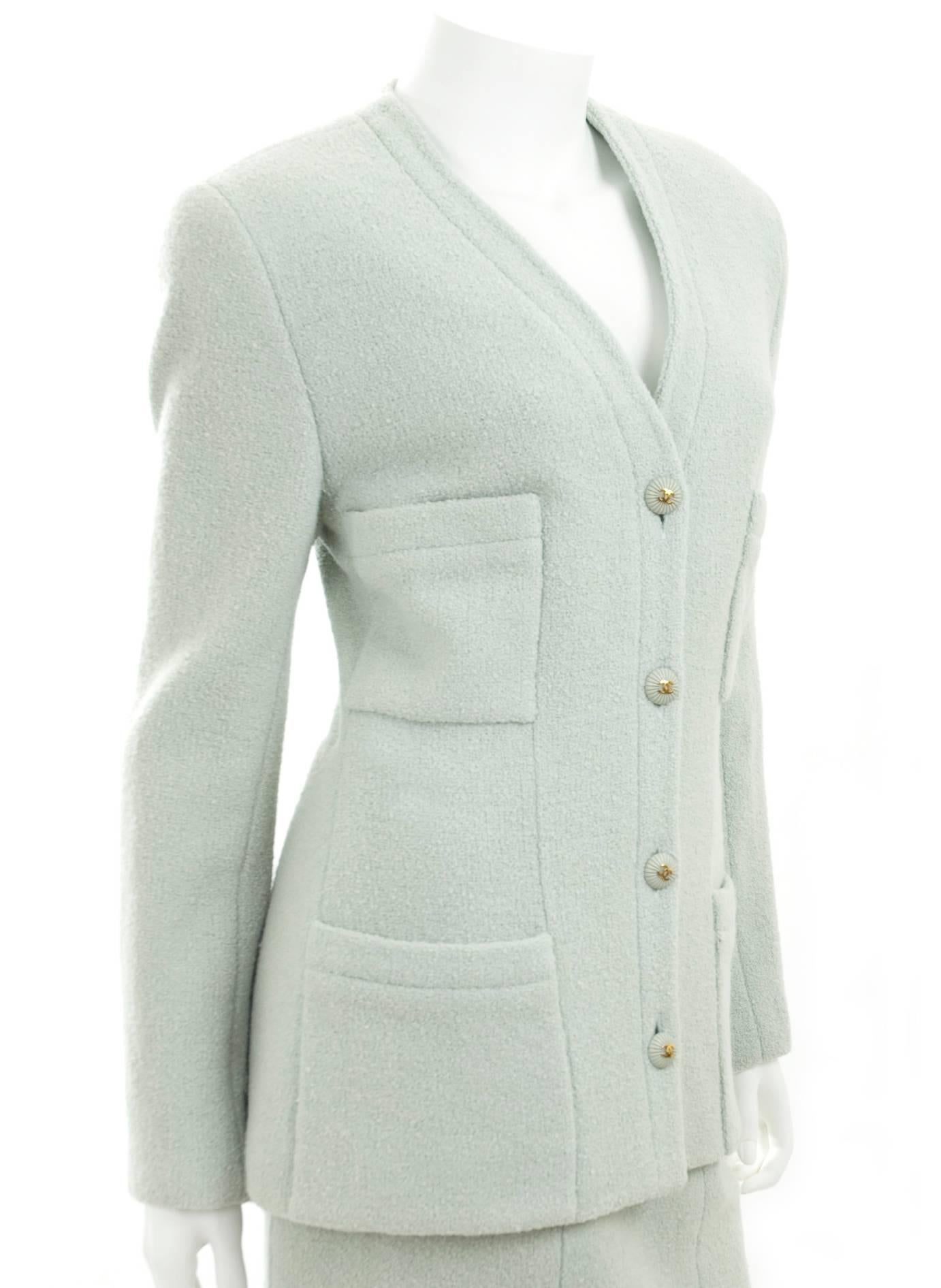 Women's Vintage 1993 Chanel Boucle Suit in Mint Green and CC Logo Buttons For Sale