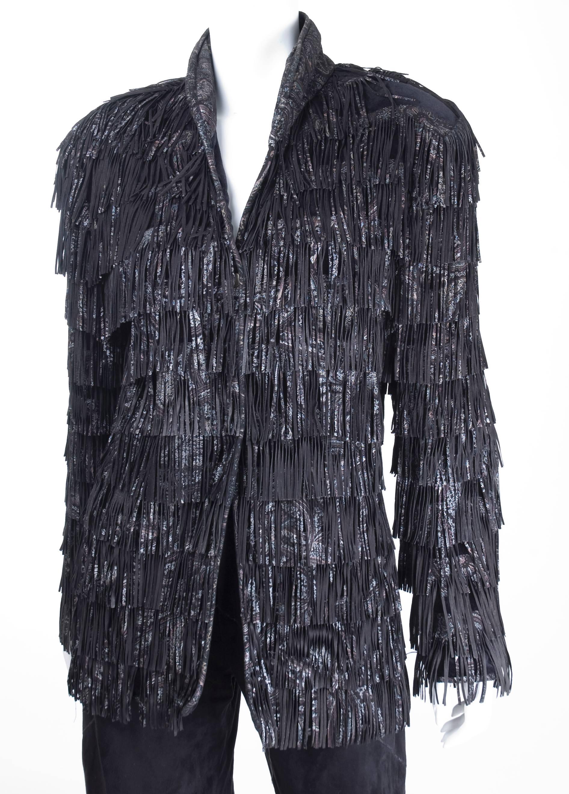 Black Vintage 80s Roberto Cavalli Suede Suit with Fringes For Sale