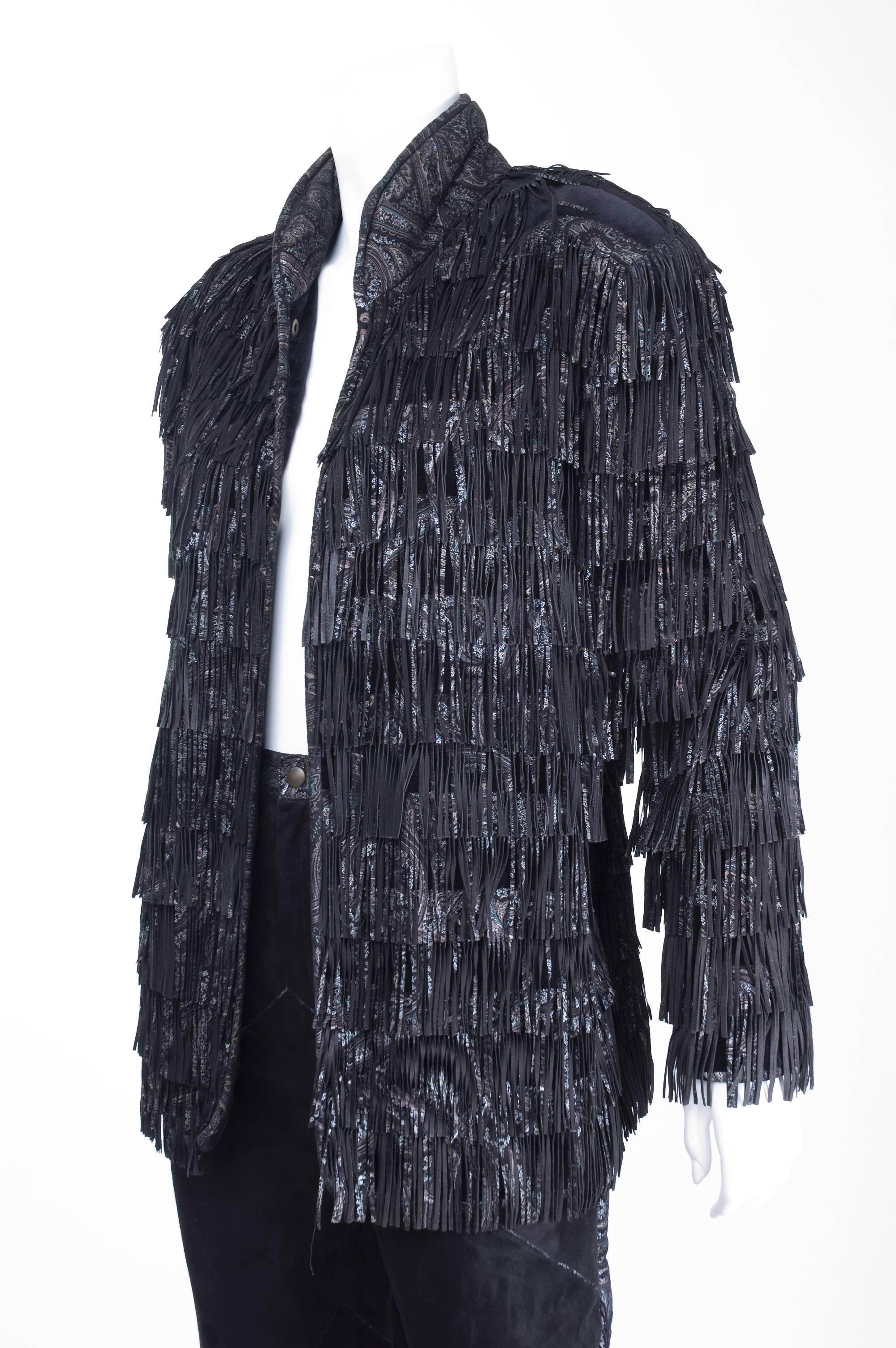 Vintage 80s Roberto Cavalli Suede Suit with Fringes For Sale 4