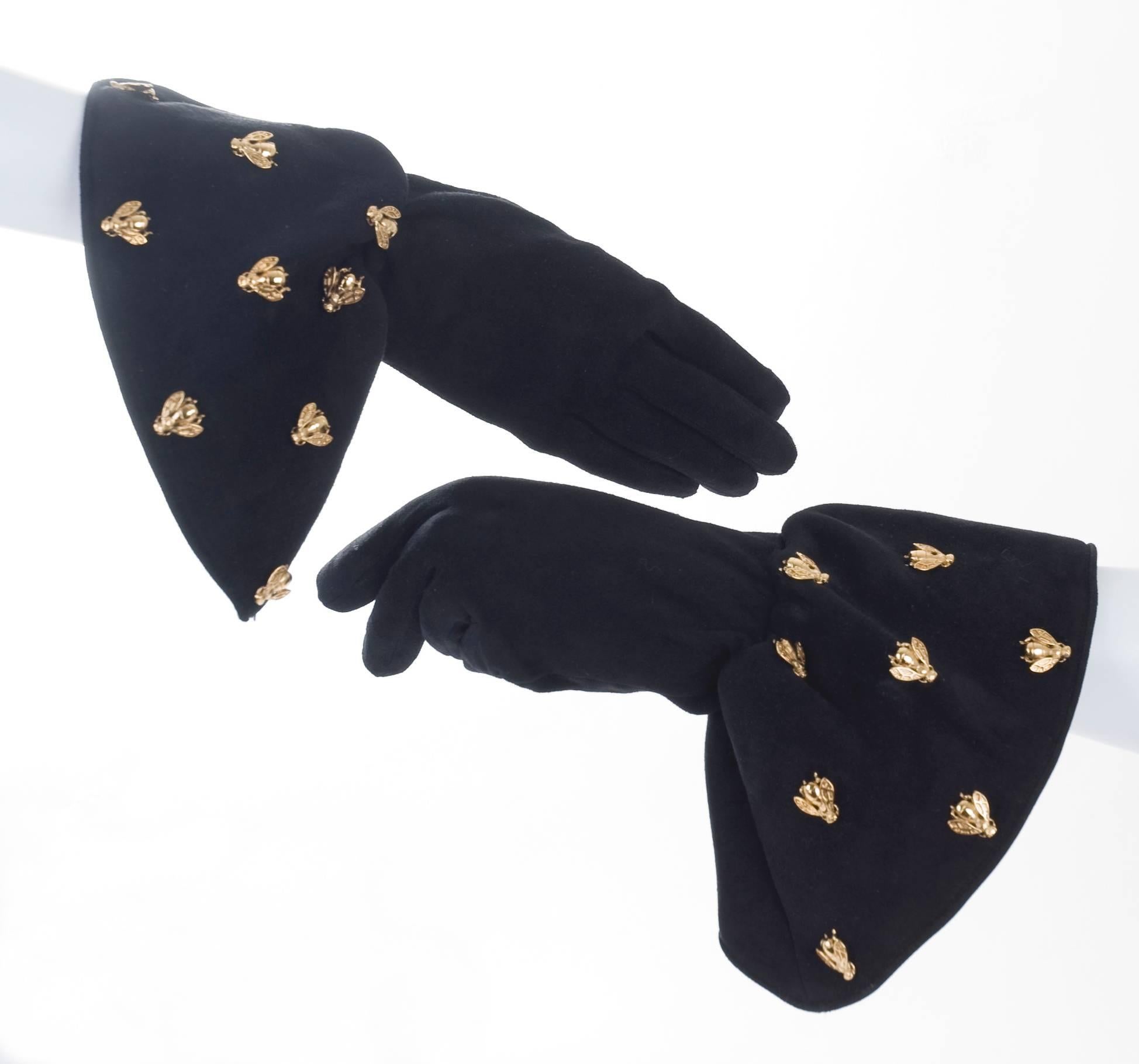 Vintage Christian Dior Boutique Black Suede Gloves Embelished with  Bee's For Sale 1