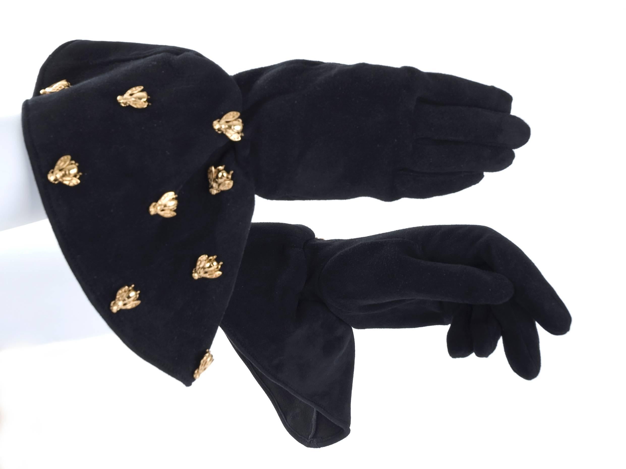 Vintage Christian Dior Boutique Black Suede Gloves Embelished with  Bee's For Sale 3